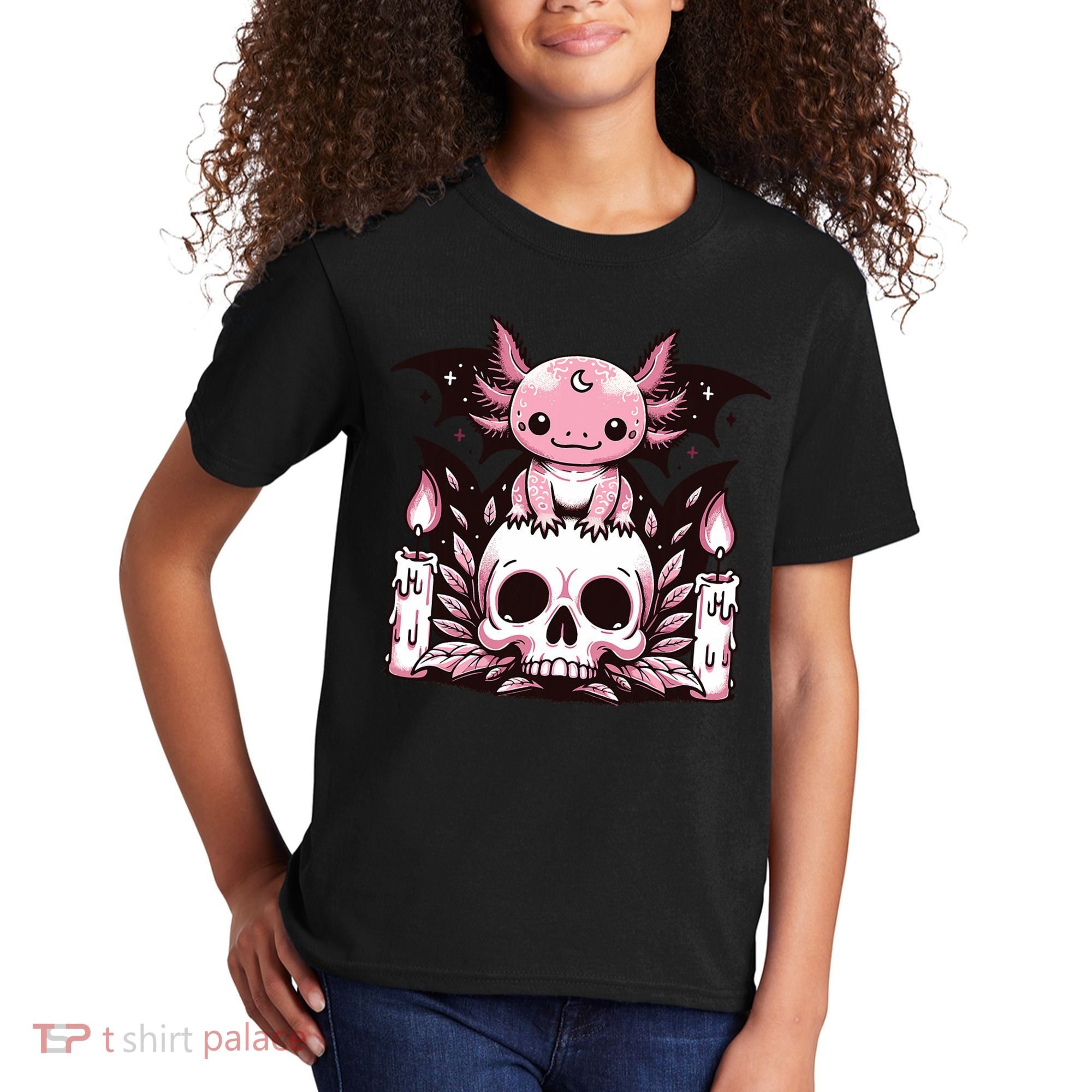 Kawaii Pastel Goth Cute Creepy Axolotl Bat Skeleton Kids T-Shirt