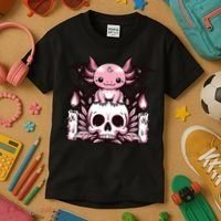 Kawaii Pastel Goth Cute Creepy Axolotl Bat Skeleton Kids T-Shirt thumb 3