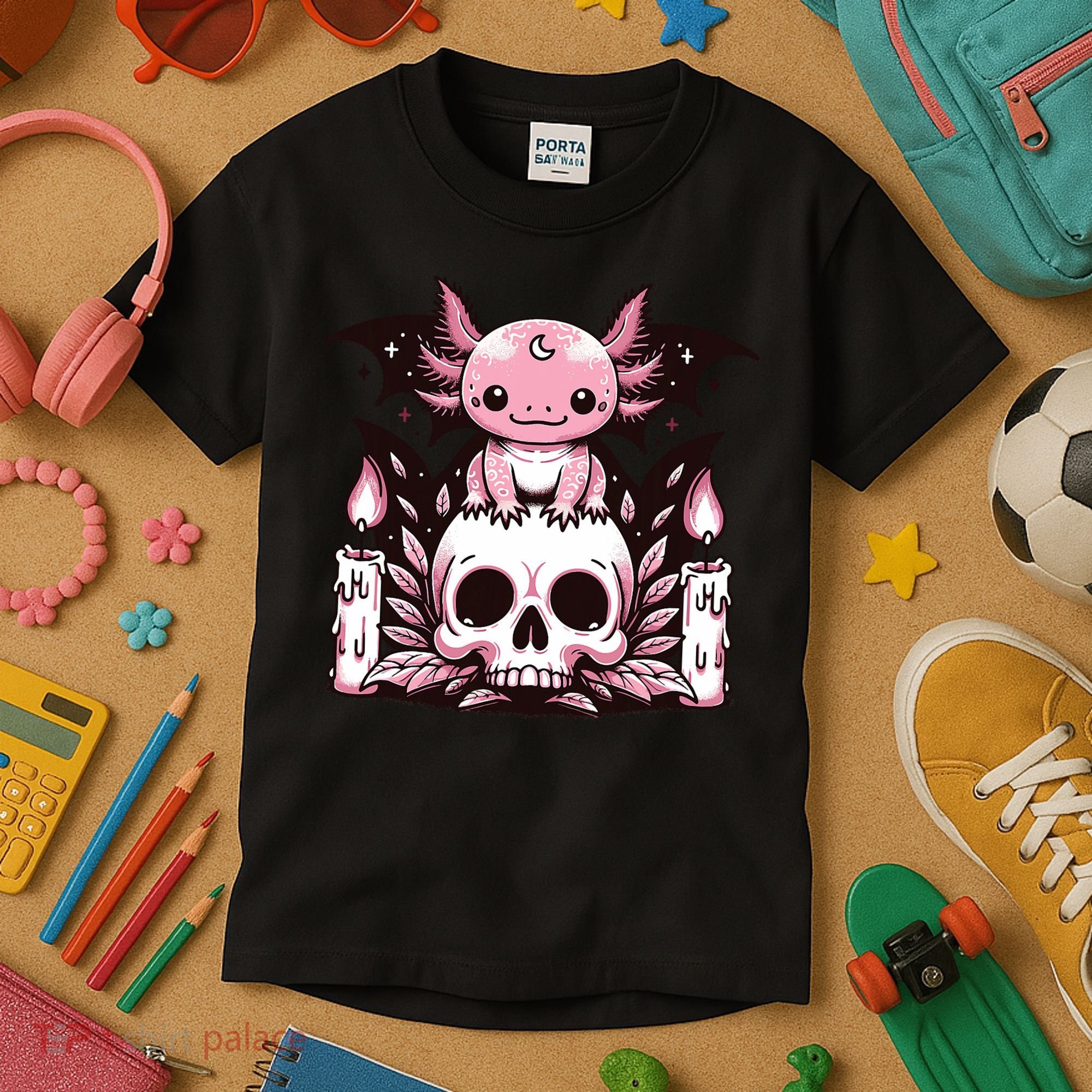 Kawaii Pastel Goth Cute Creepy Axolotl Bat Skeleton Kids T-Shirt