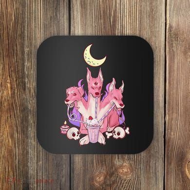 Kawaii Pastel Goth Strawberry Cerberus Creepy 3 Headed Dog  Coaster