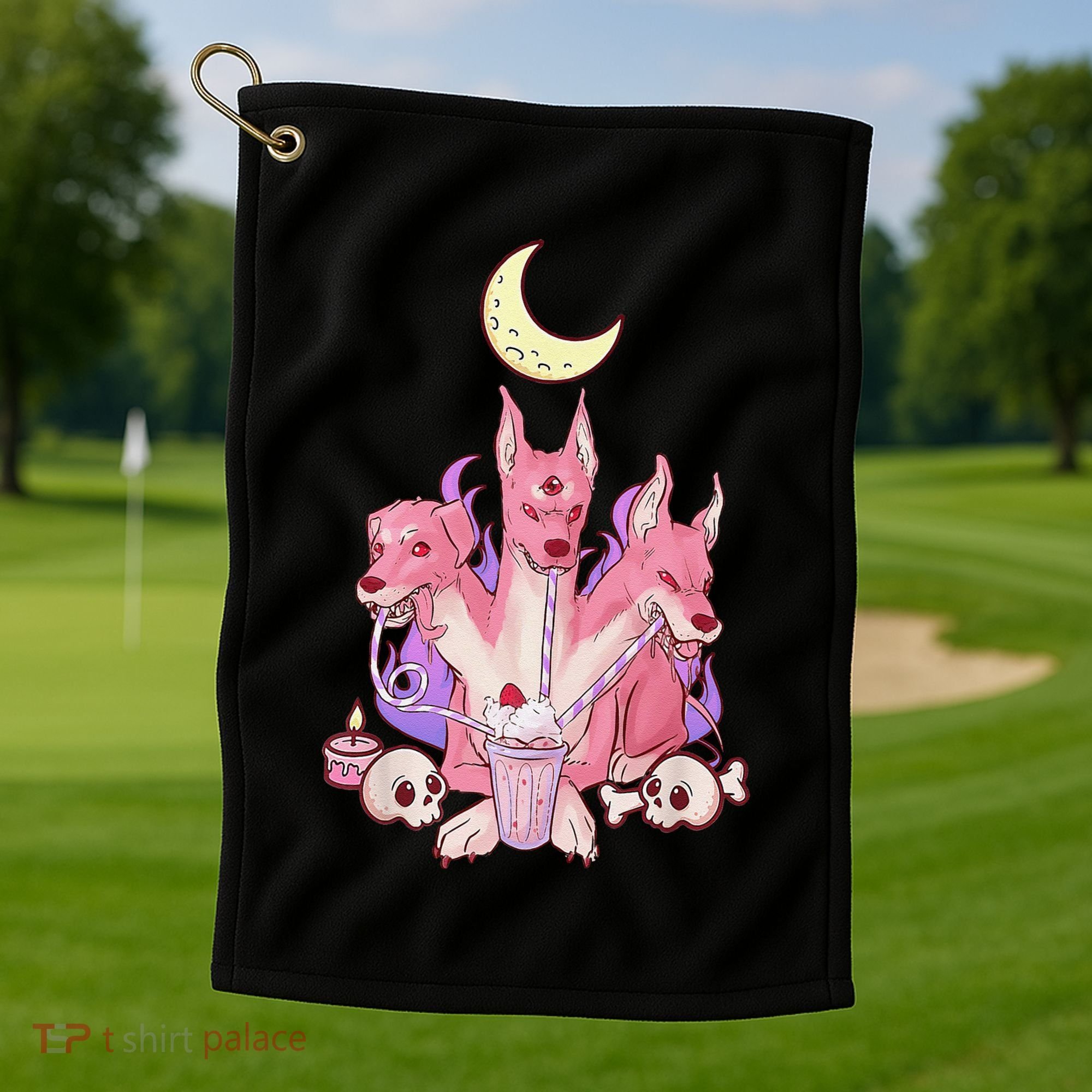 Kawaii Pastel Goth Strawberry Cerberus Creepy 3 Headed Dog  Golf Towel
