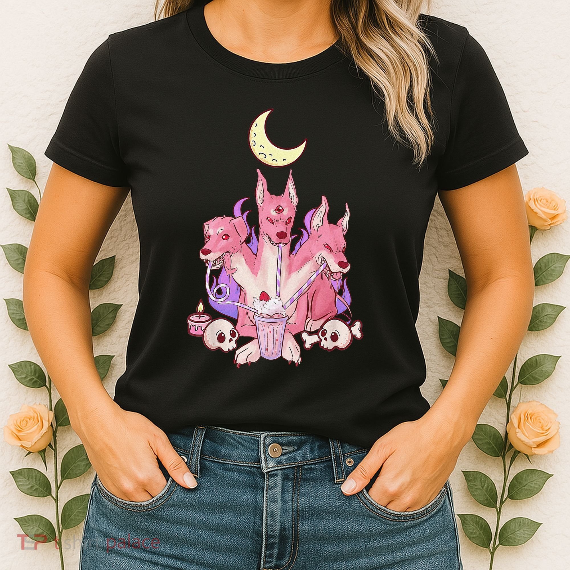 Kawaii Pastel Goth Strawberry Cerberus Creepy 3 Headed Dog  Women's T-Shirt