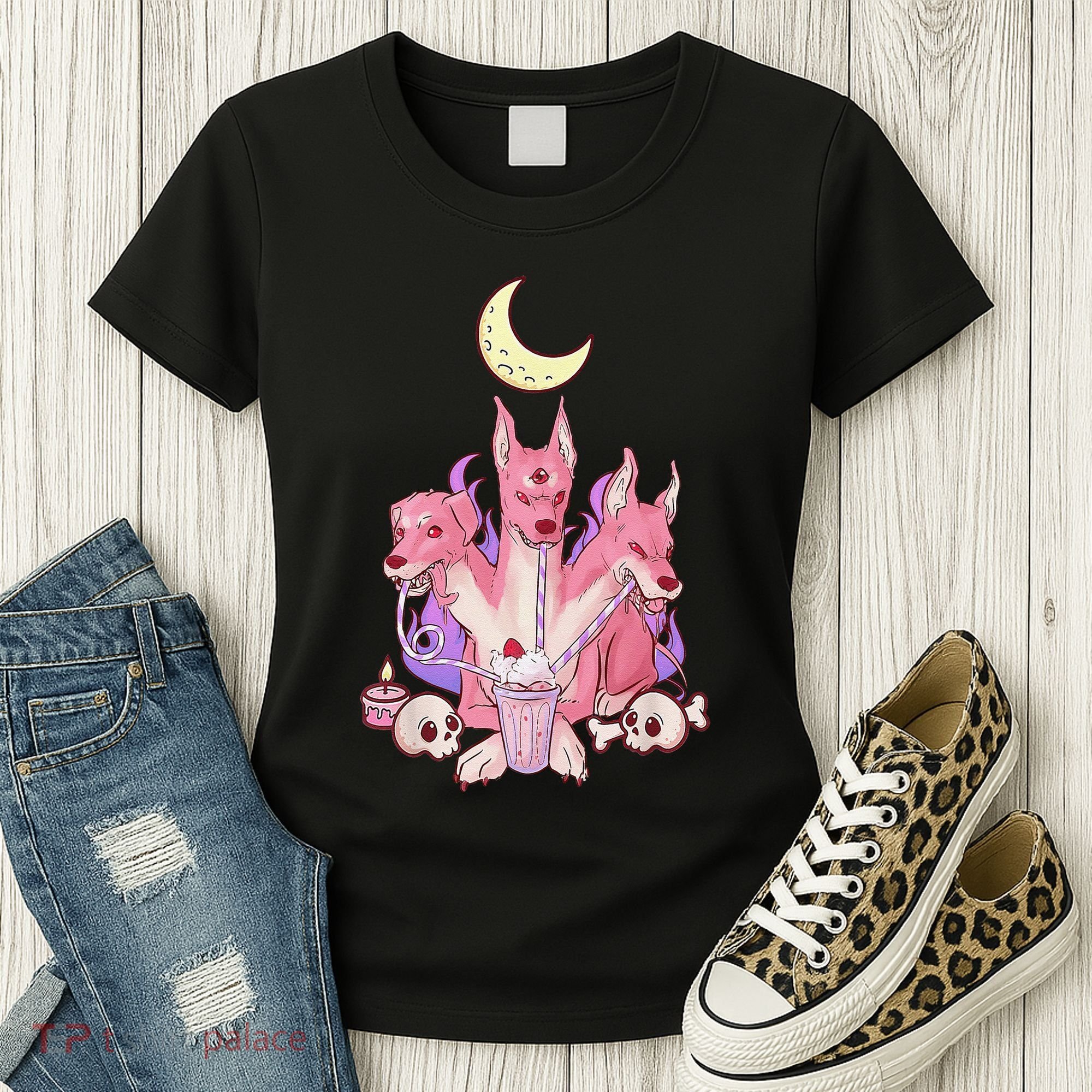 Kawaii Pastel Goth Strawberry Cerberus Creepy 3 Headed Dog  Women's T-Shirt