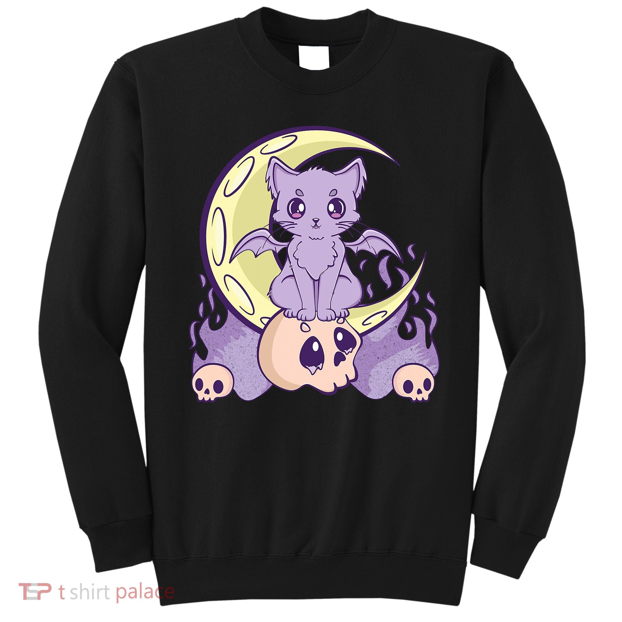 Kawaii Pastel Goth Cute Creepy Witchy Cat And Skull Anime Nu Sweatshirt
