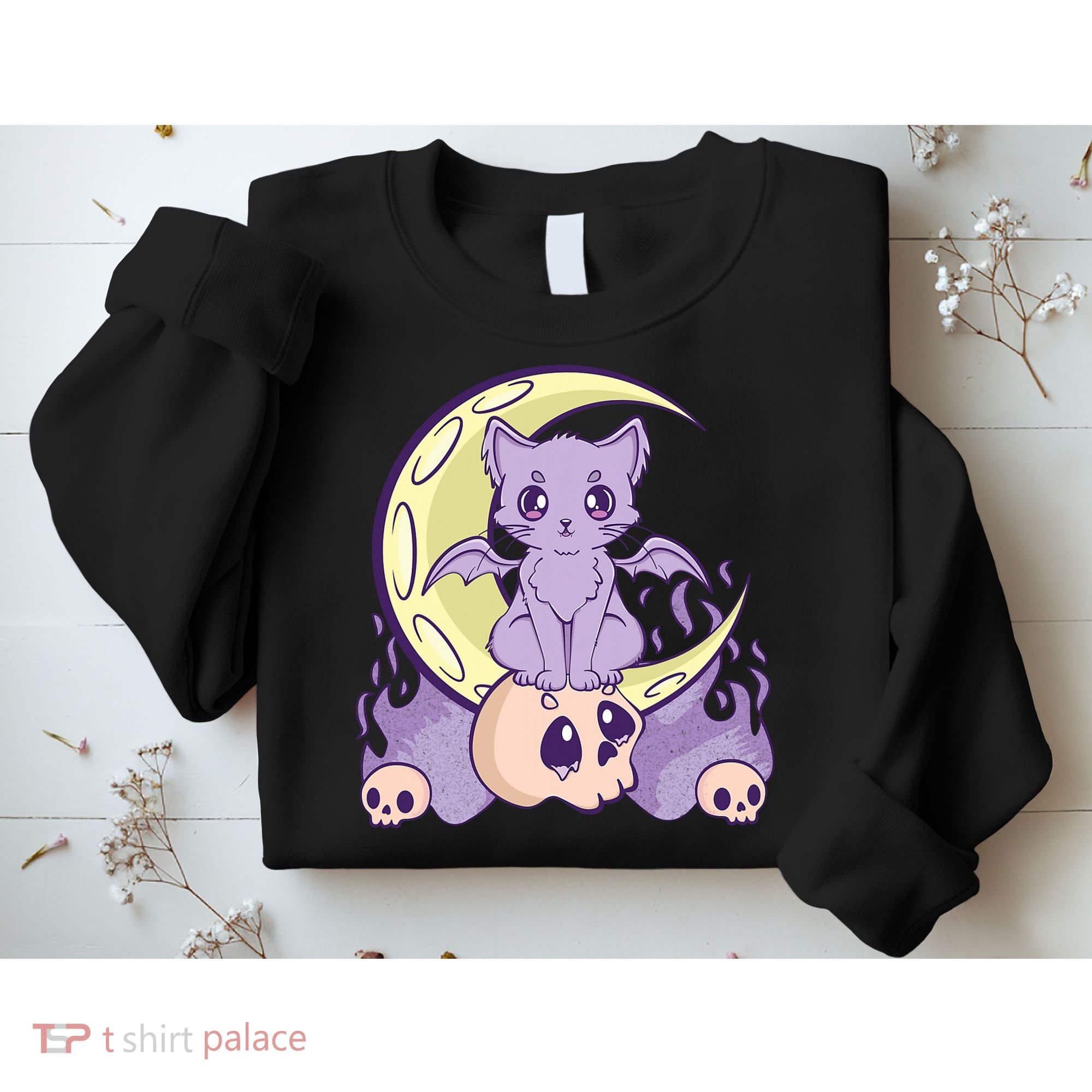 Kawaii Pastel Goth Cute Creepy Witchy Cat And Skull Anime Nu Sweatshirt