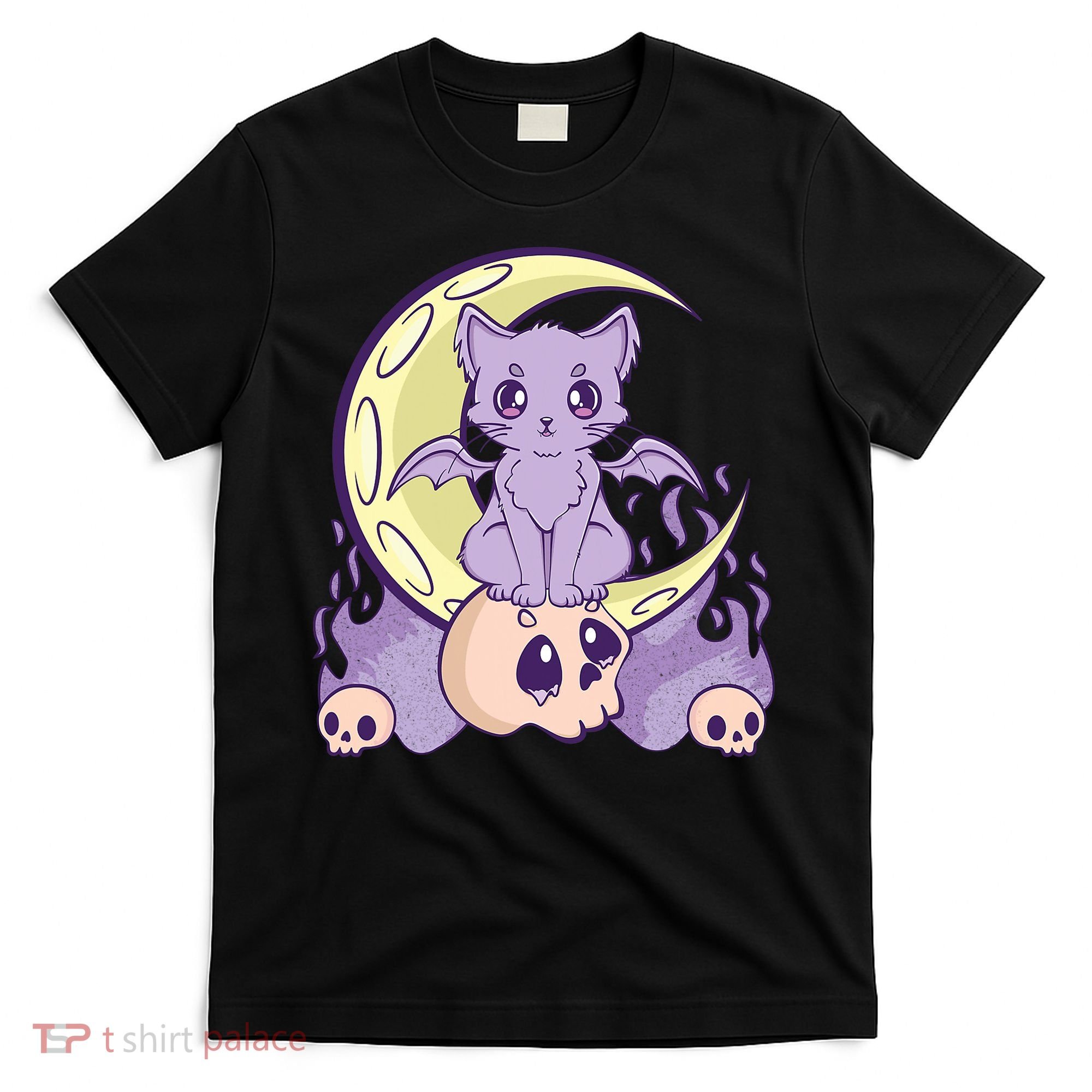 Kawaii Pastel Goth Cute Creepy Witchy Cat And Skull Anime Nu T-Shirt