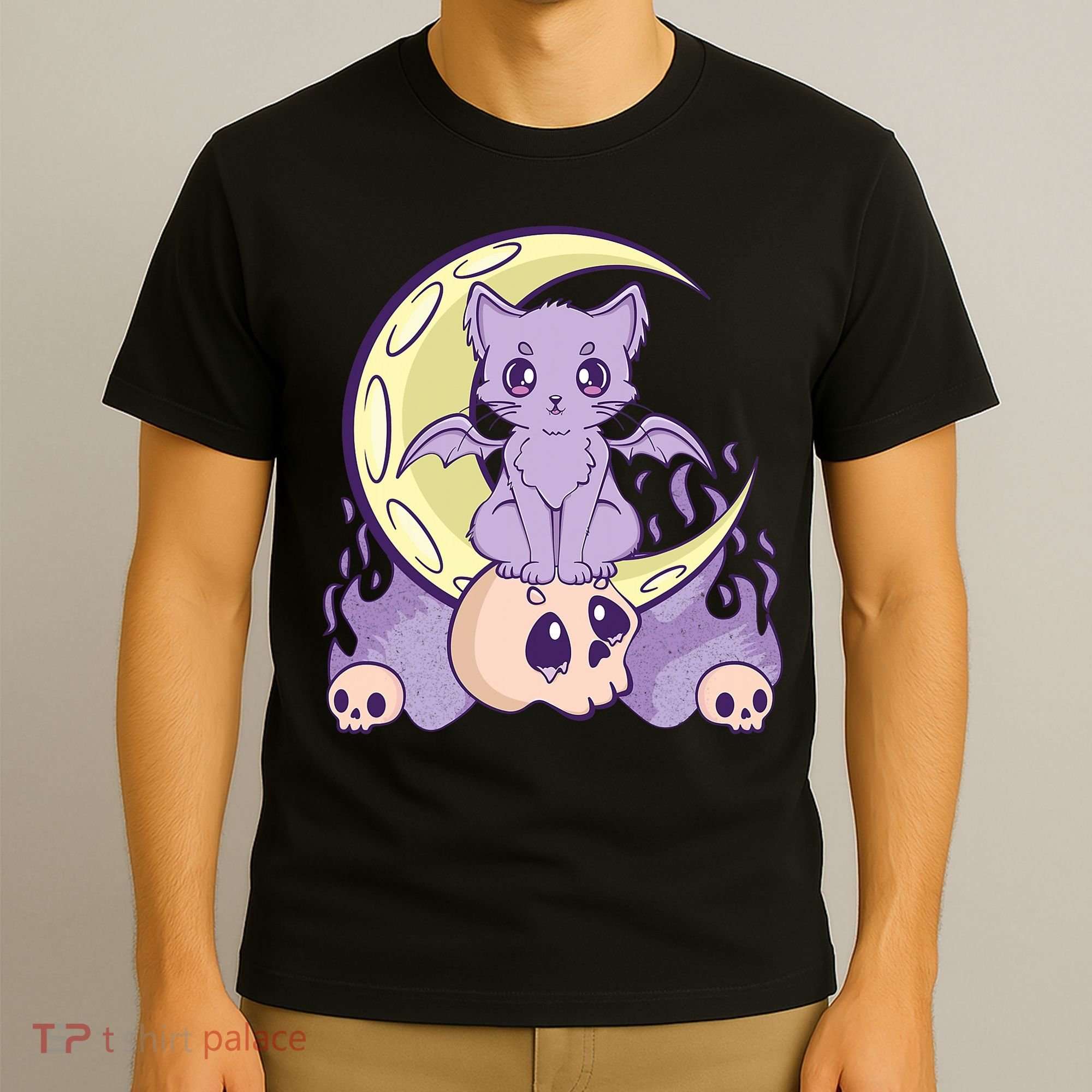 Kawaii Pastel Goth Cute Creepy Witchy Cat And Skull Anime Nu T-Shirt