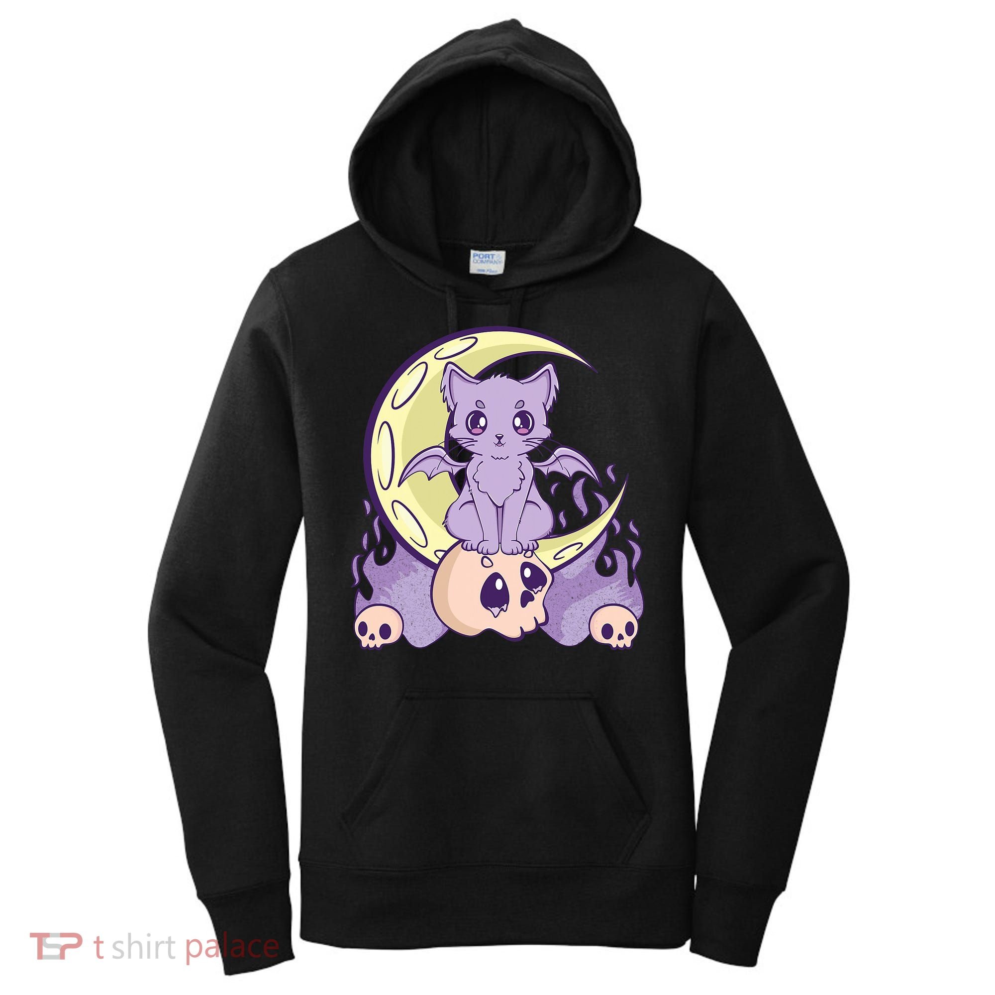 Kawaii Pastel Goth Cute Creepy Witchy Cat And Skull Anime Nu Women's Hoodie