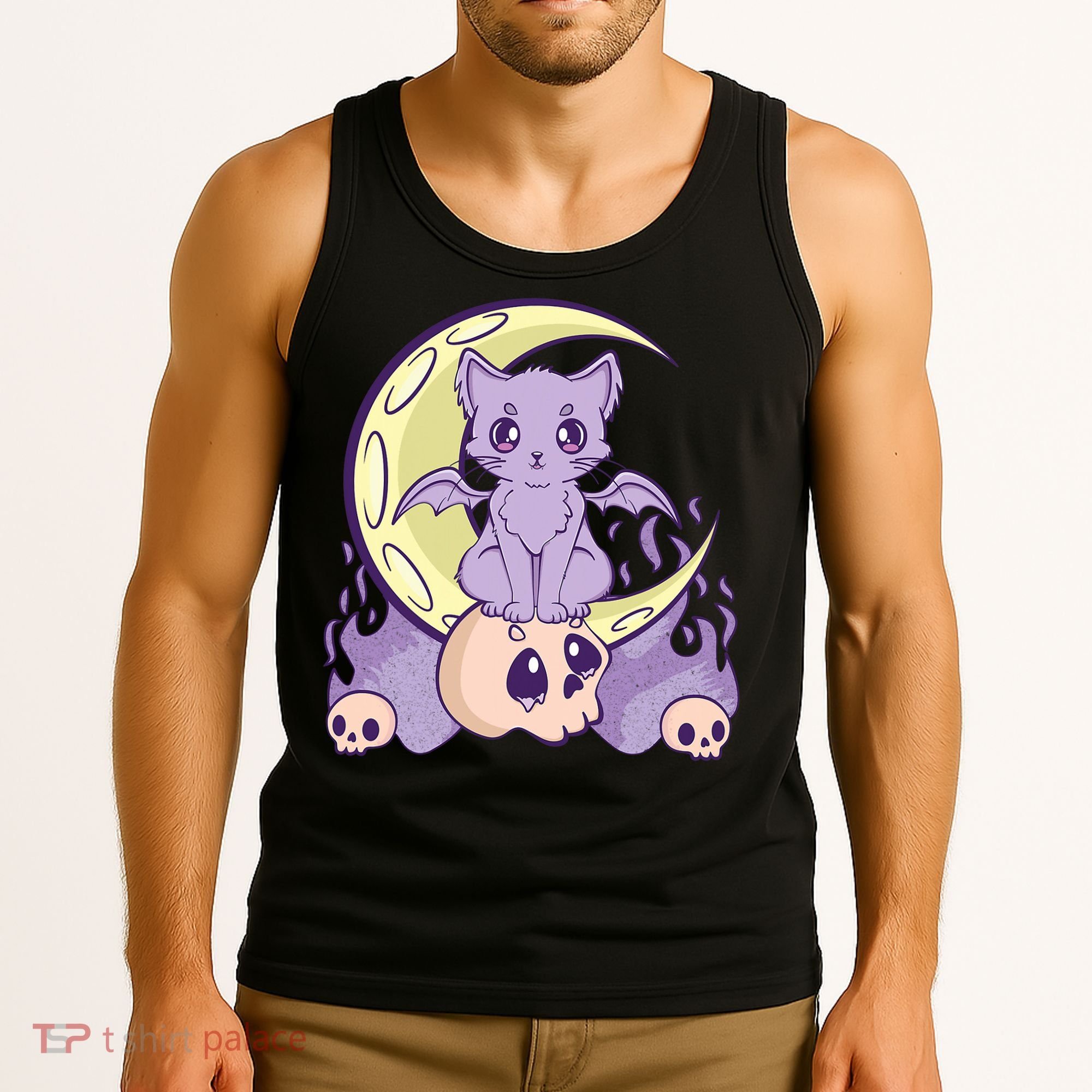 Kawaii Pastel Goth Cute Creepy Witchy Cat And Skull Anime Nu Tank Top