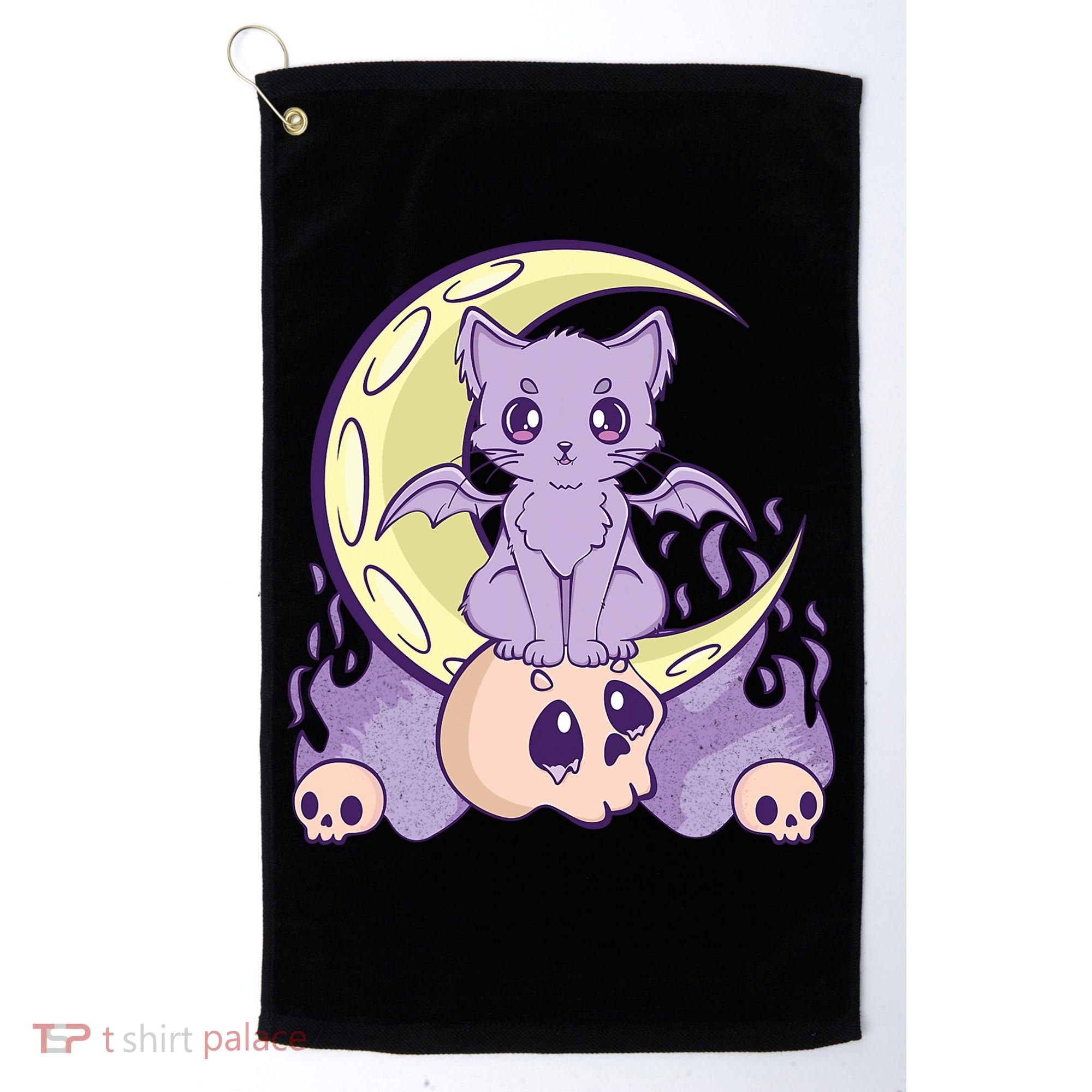 Kawaii Pastel Goth Cute Creepy Witchy Cat And Skull Anime Nu Golf Towel