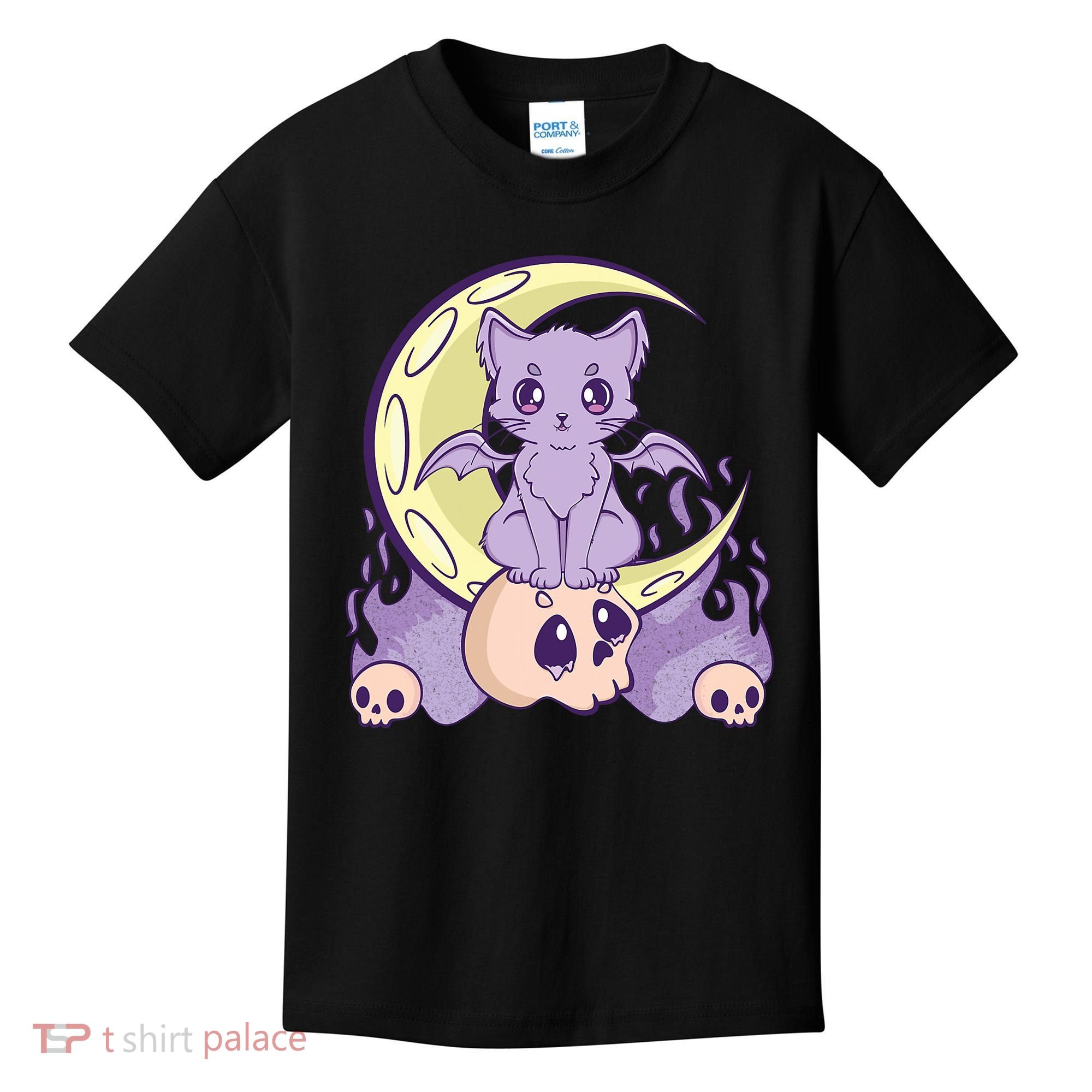 Kawaii Pastel Goth Cute Creepy Witchy Cat And Skull Anime Nu Kids T-Shirt