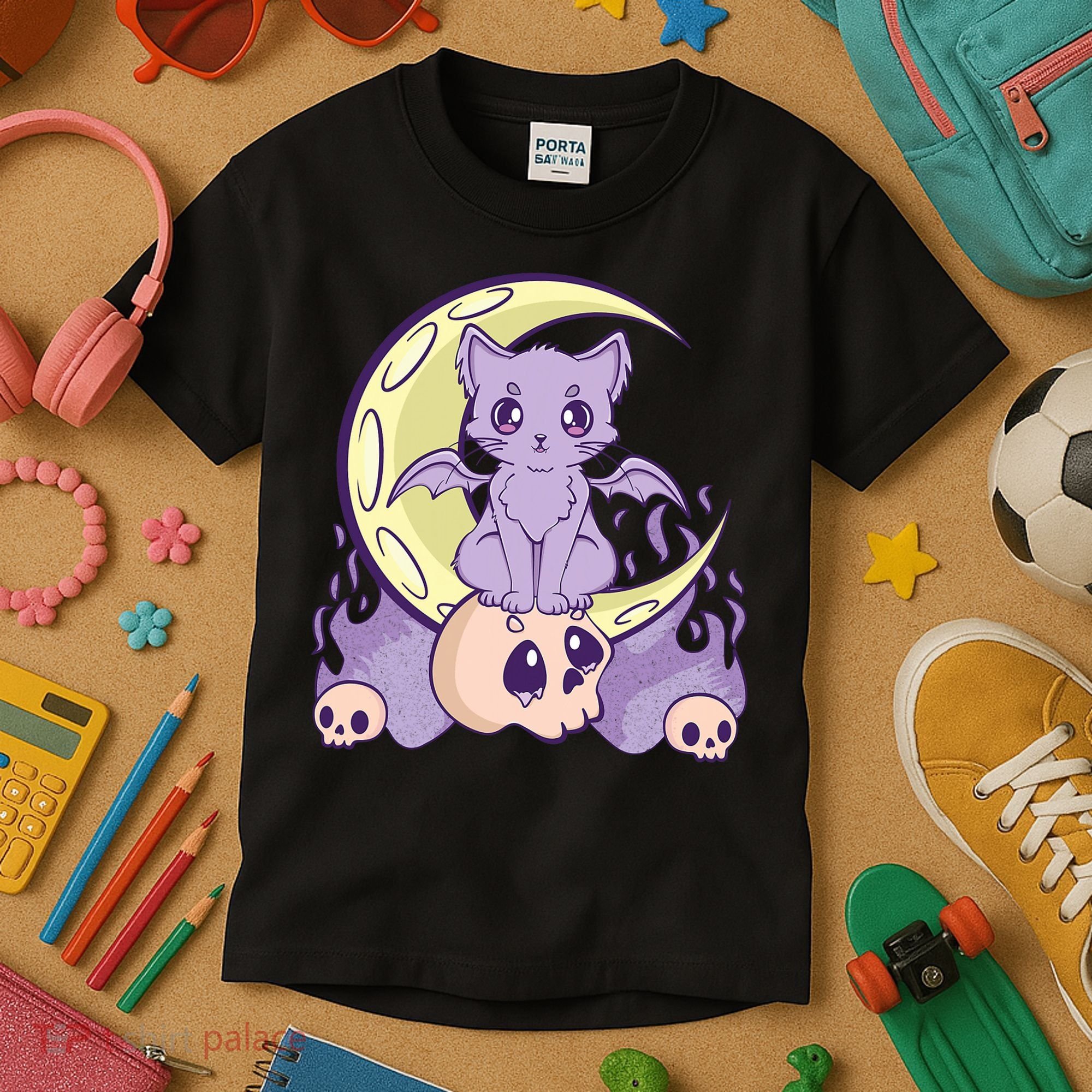 Kawaii Pastel Goth Cute Creepy Witchy Cat And Skull Anime Nu Kids T-Shirt