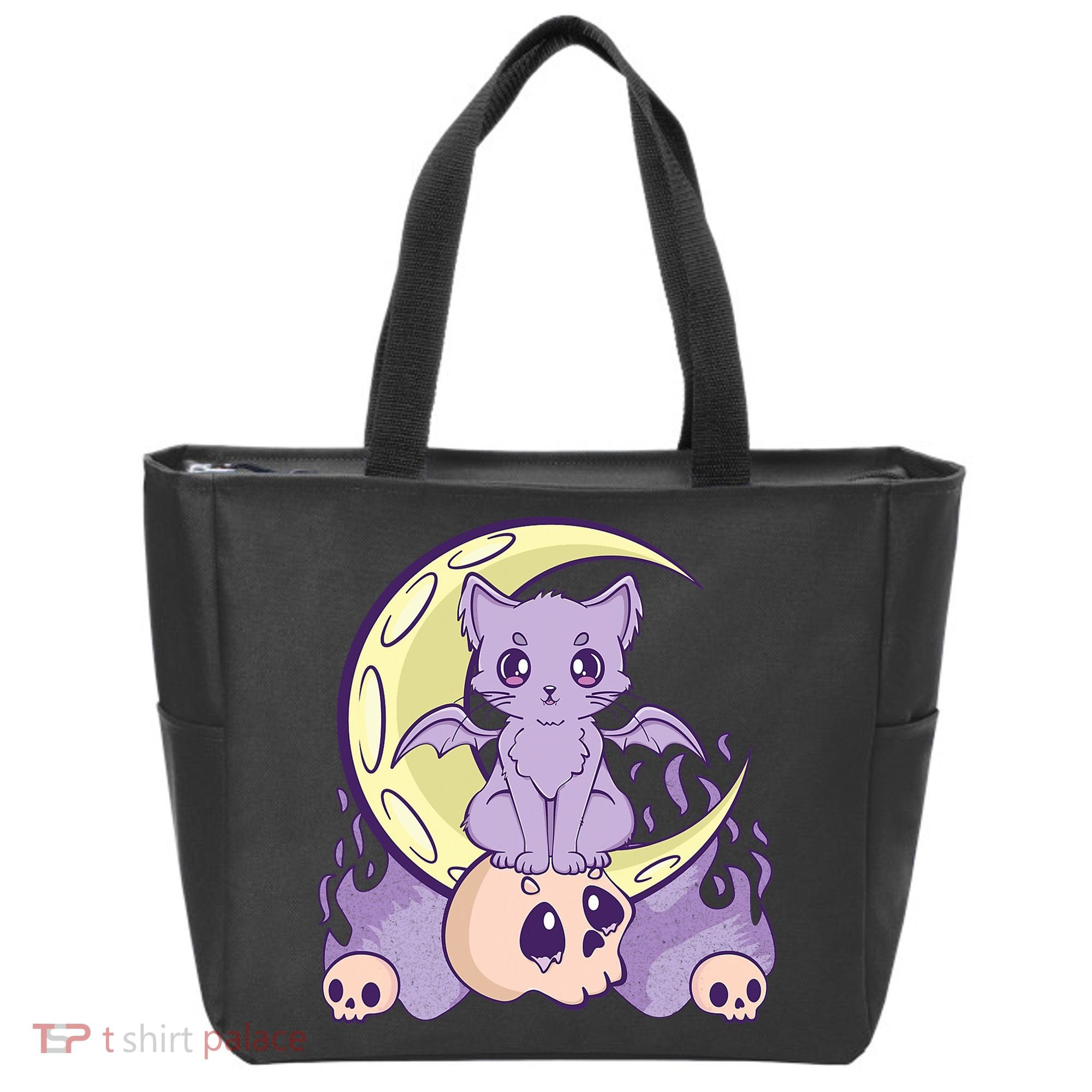 Kawaii Pastel Goth Cute Creepy Witchy Cat And Skull Anime Nu Tote Bag