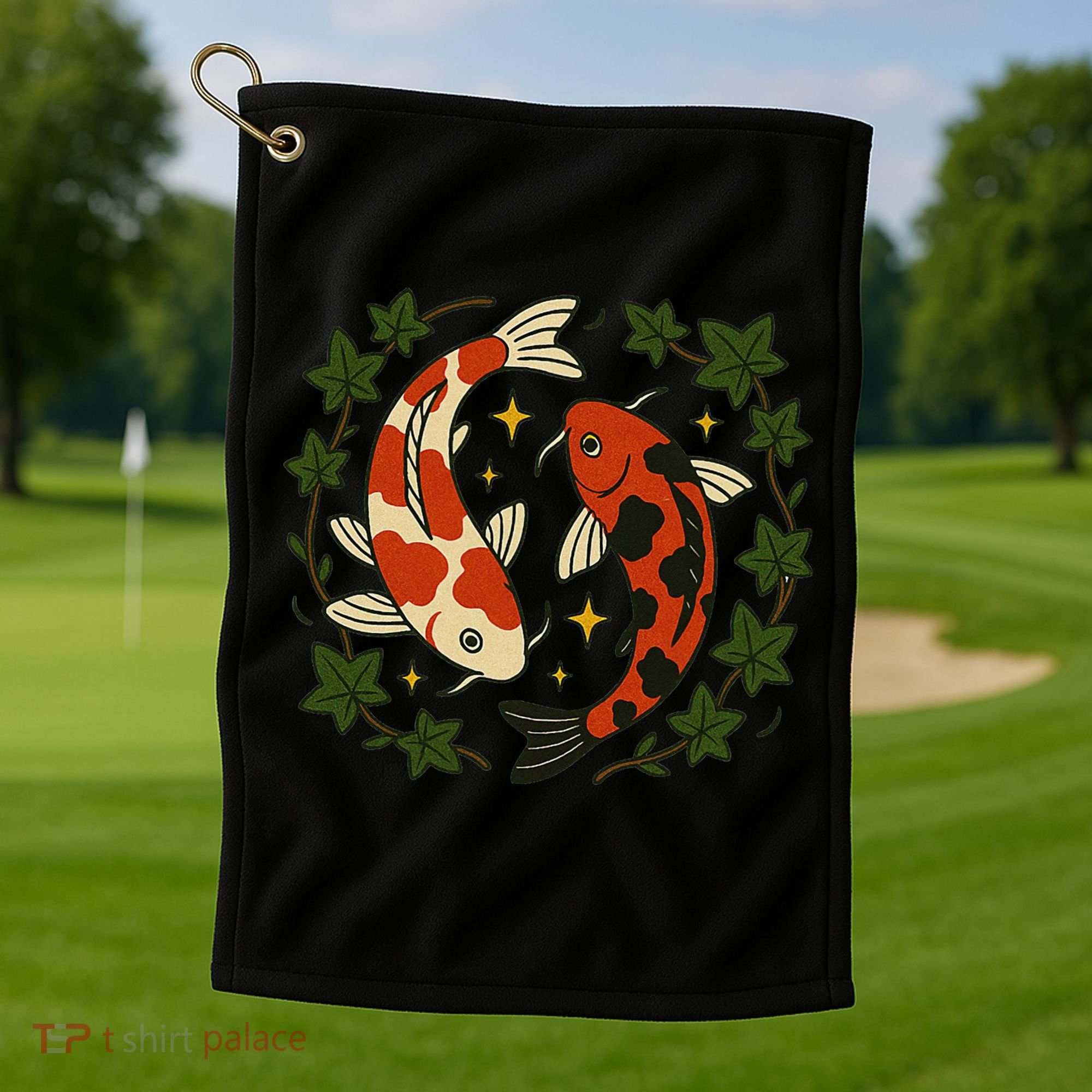 Koi Pond Illustration Koi Lovers Artwork Koi Fish Golf Towel