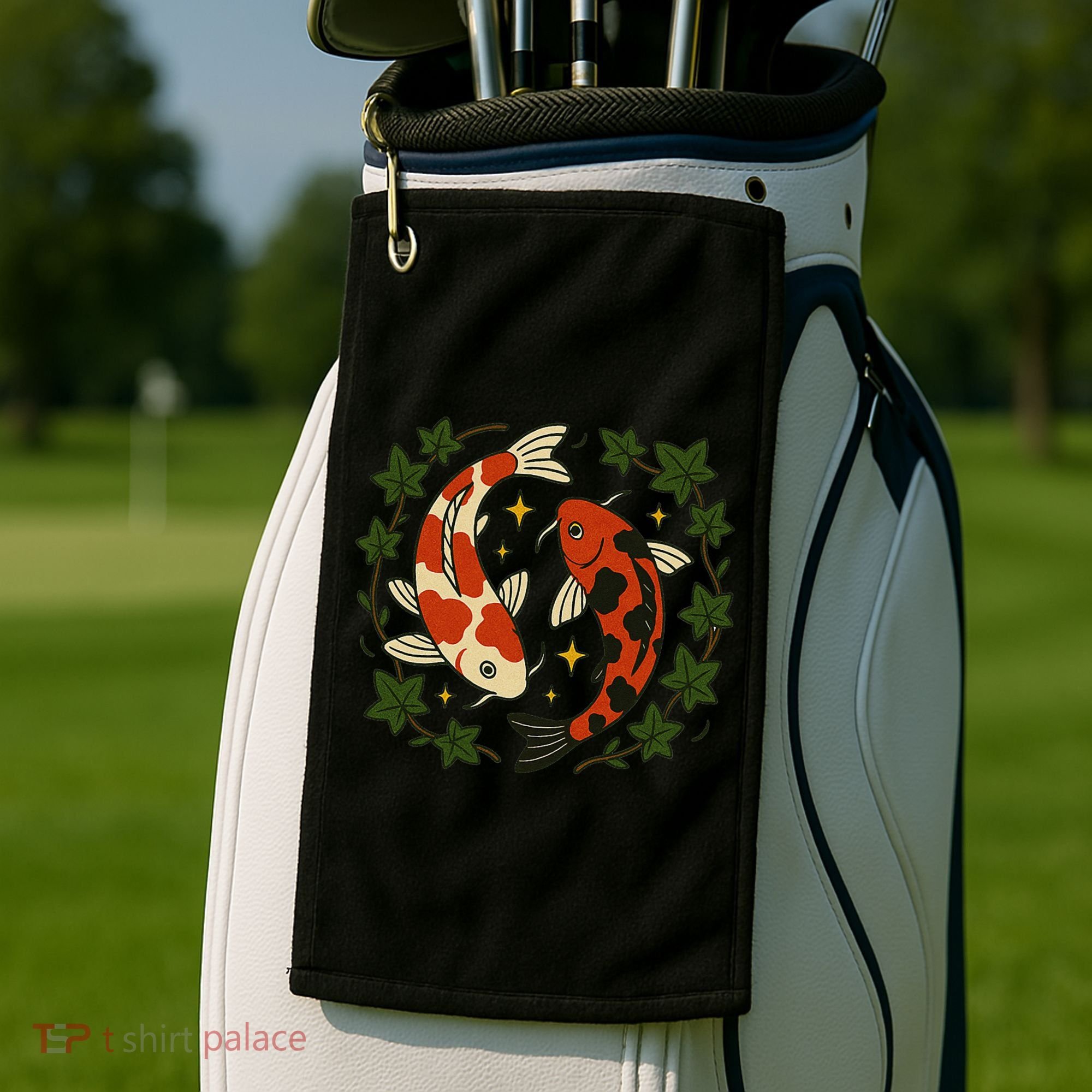 Koi Pond Illustration Koi Lovers Artwork Koi Fish Golf Towel