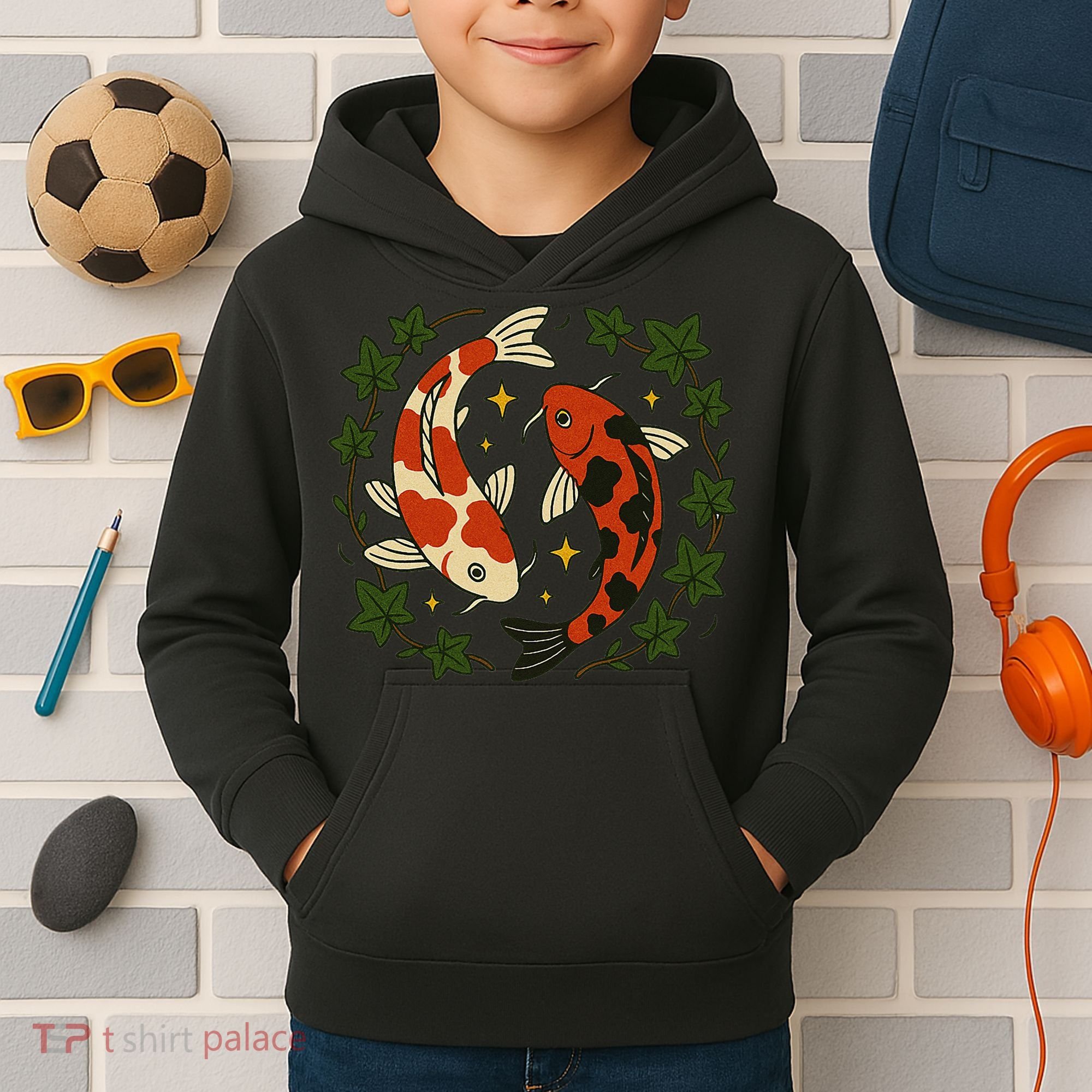 Koi Pond Illustration Koi Lovers Artwork Koi Fish Kids Hoodie