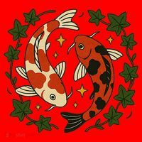 Koi Pond Illustration Koi Lovers Artwork Koi Fish Santa Hat thumb 1