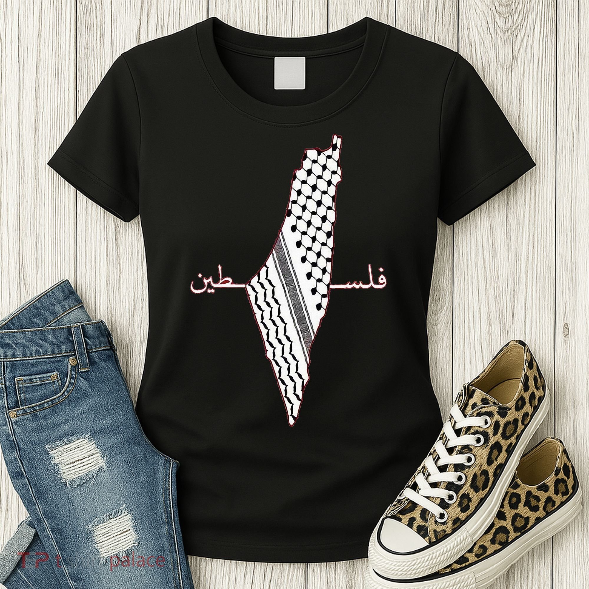 Keffiyeh Palestine Map Arabic Scarf Shemagh Palestinian Flag Women's T-Shirt