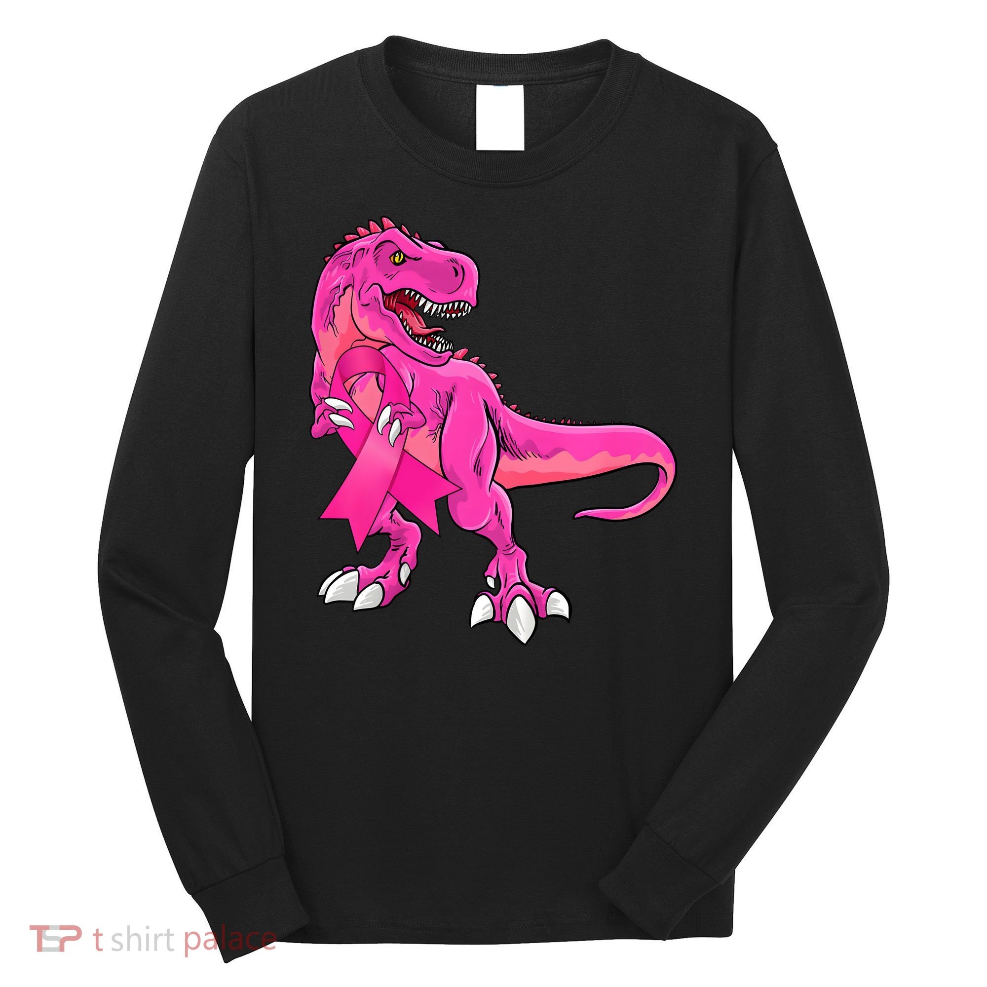 Kids Pink Ribbon Dinosaur Breast Cancer Awareness Boy Long Sleeve Shirt