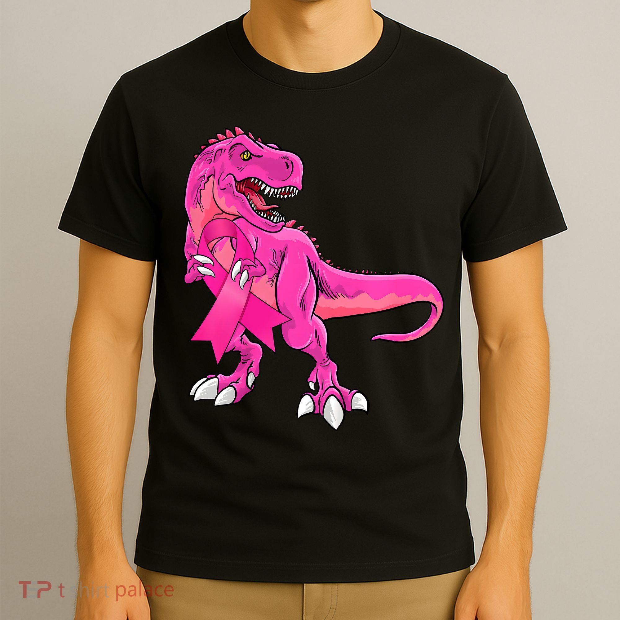 Kids Pink Ribbon Dinosaur Breast Cancer Awareness Boy T-Shirt