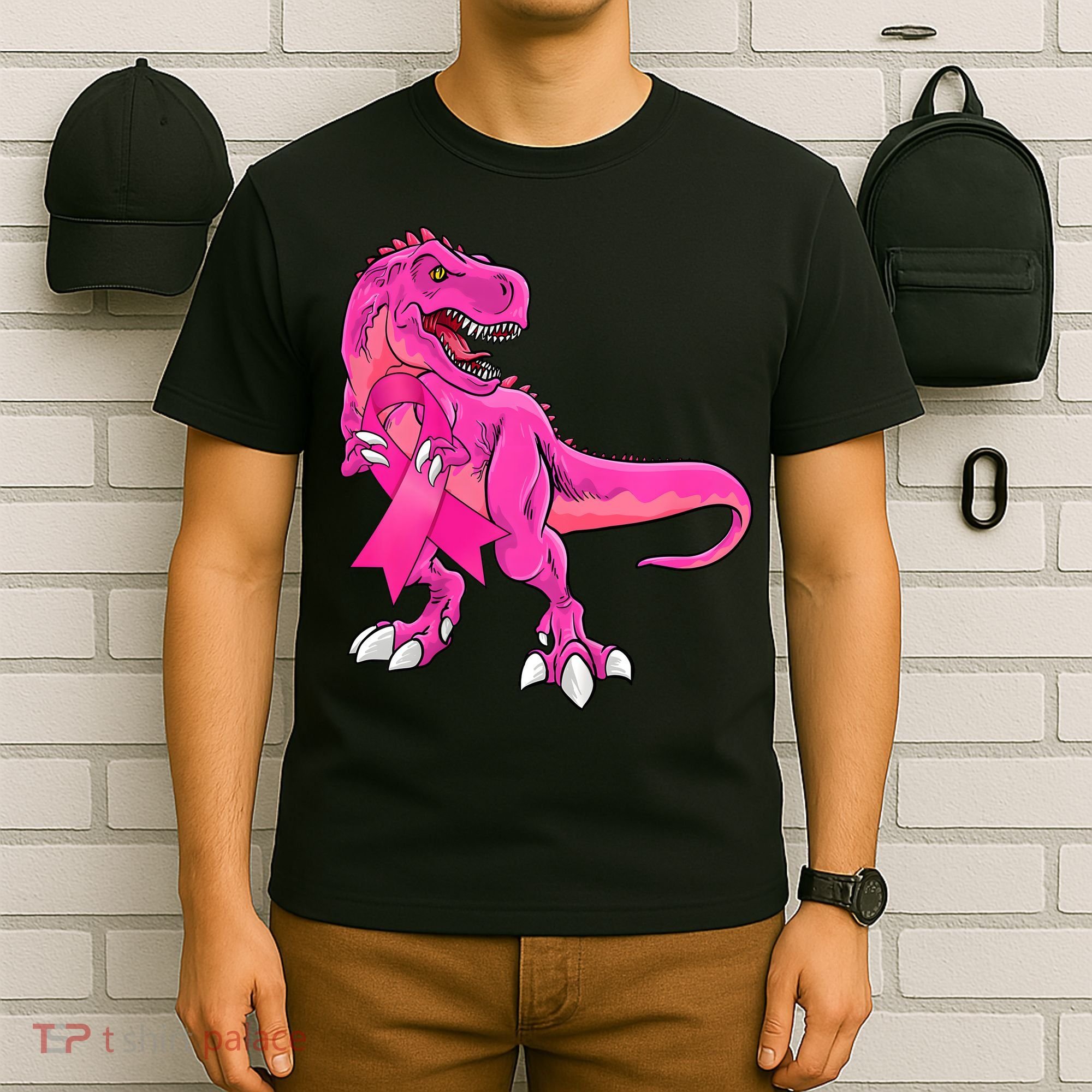 Kids Pink Ribbon Dinosaur Breast Cancer Awareness Boy T-Shirt