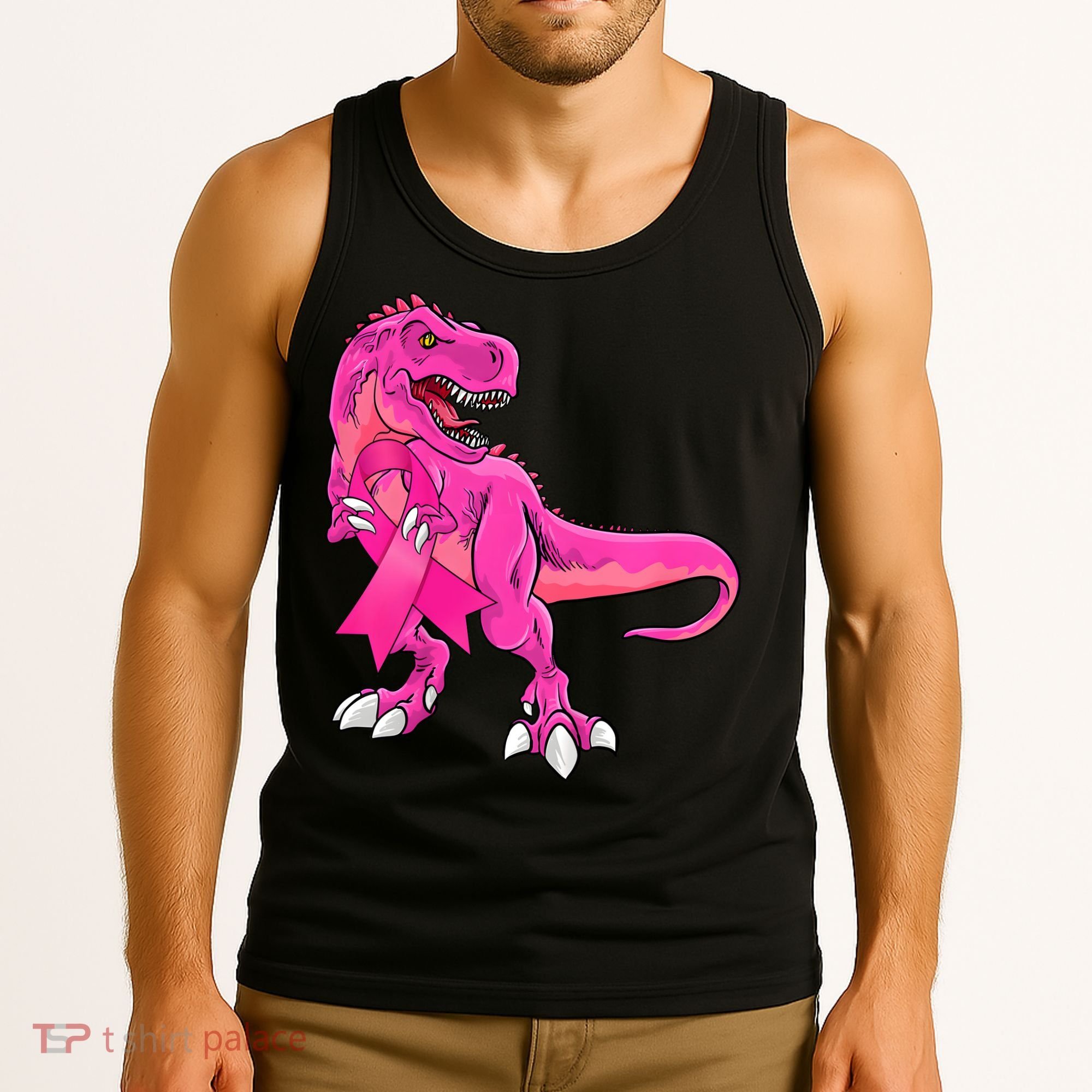 Kids Pink Ribbon Dinosaur Breast Cancer Awareness Boy Tank Top