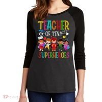 Kindergarten Prek Teacher Of Tiny Superheroes Back To School Women's Tri-Blend 3/4-Sleeve Raglan Shirt thumb 2
