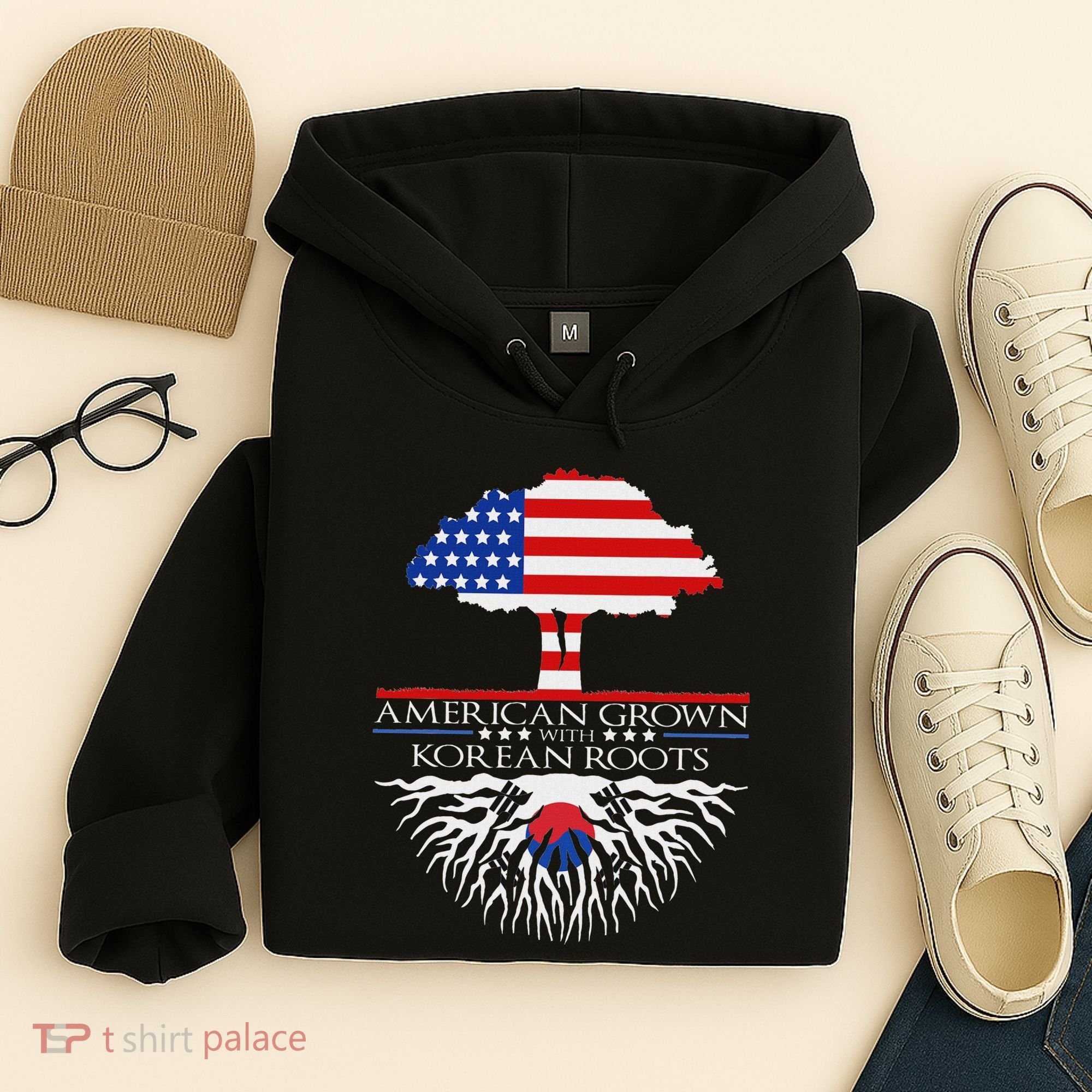 Korean Roots American Grown Tree Flag Us Korea Asian Hoodie