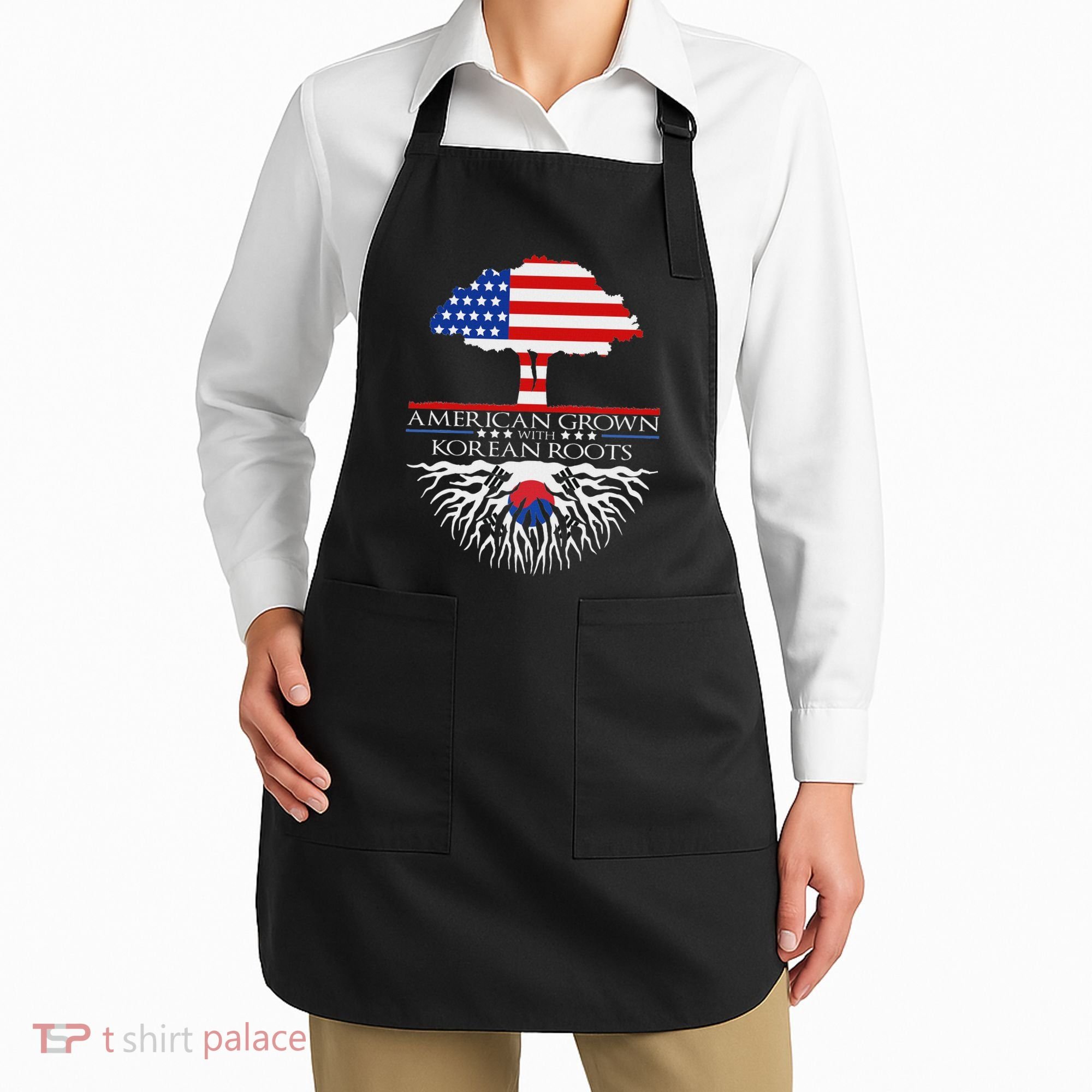 Korean Roots American Grown Tree Flag Us Korea Asian Apron