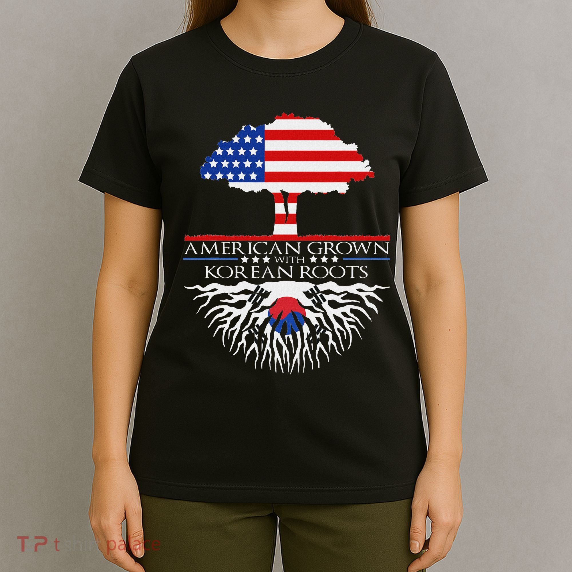 Korean Roots American Grown Tree Flag Us Korea Asian T-Shirt