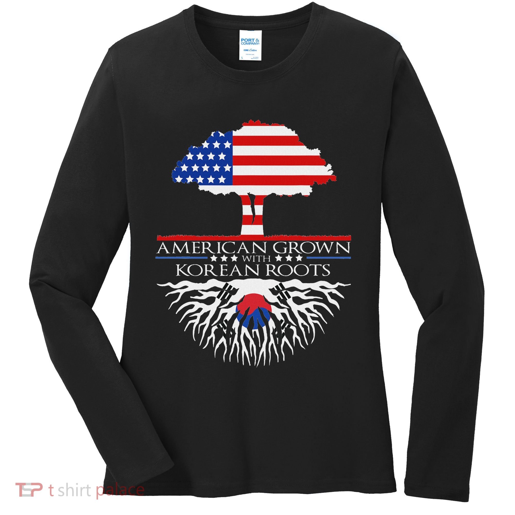 Korean Roots American Grown Tree Flag Us Korea Asian Women's Long Sleeve Shirt