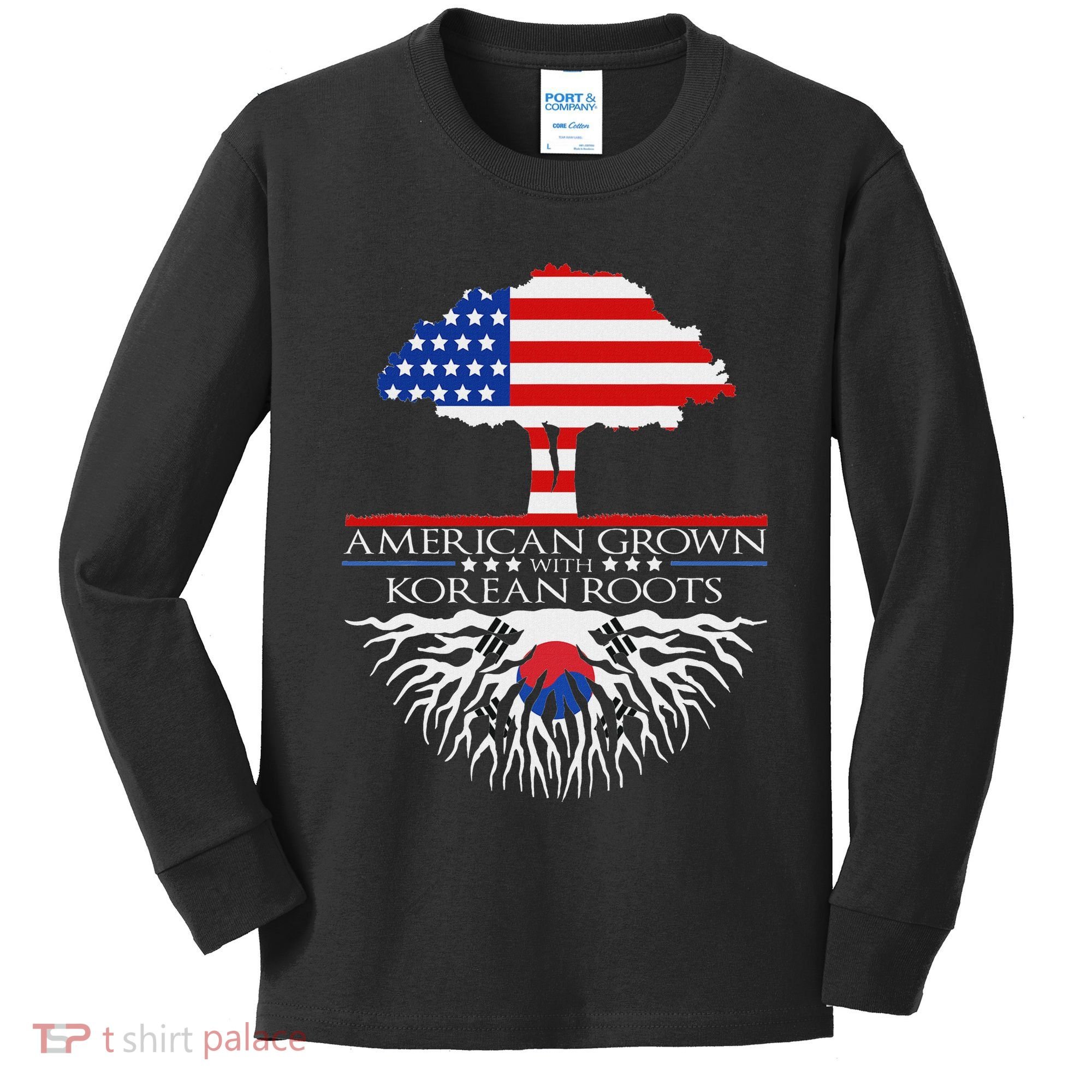 Korean Roots American Grown Tree Flag Us Korea Asian Kids Long Sleeve Shirt