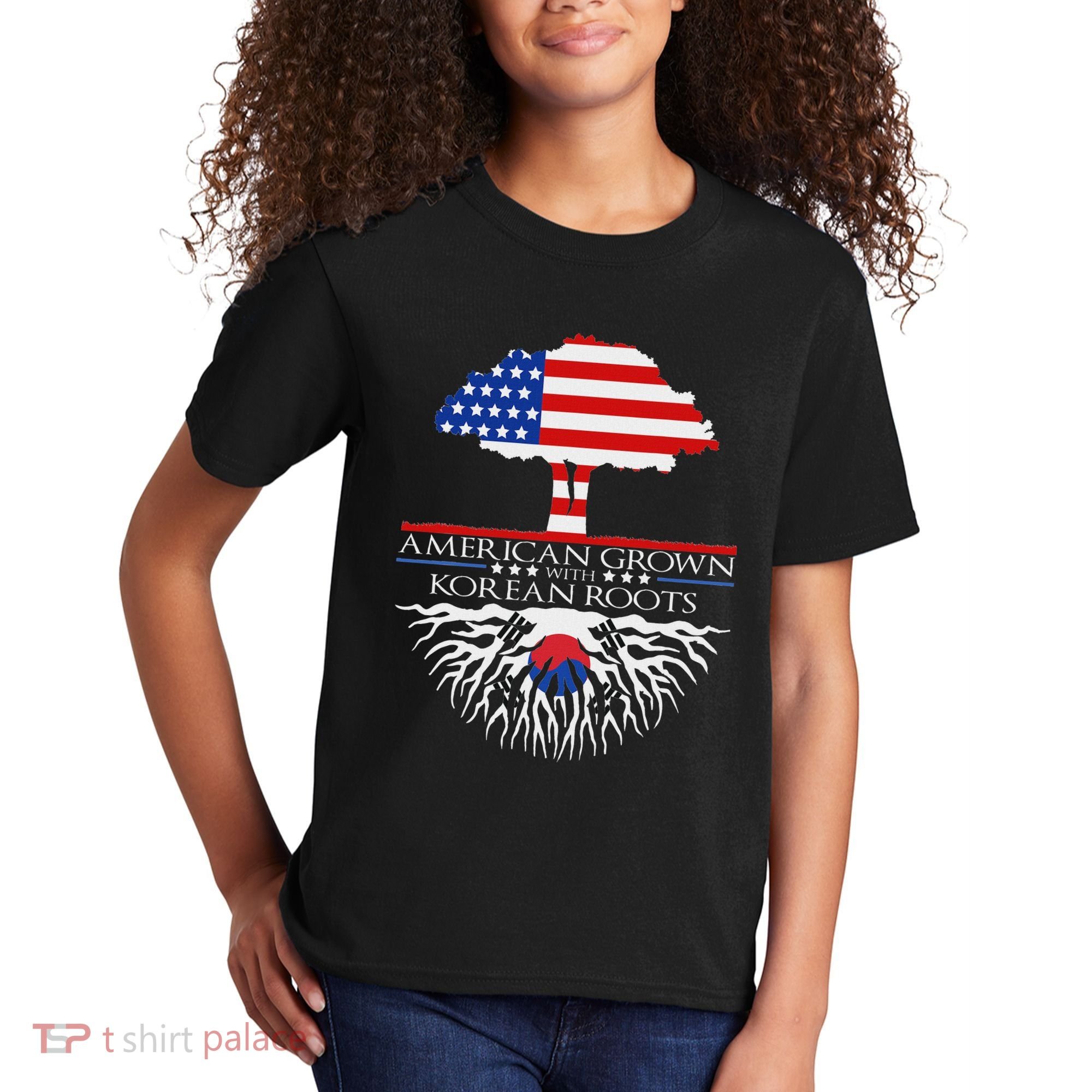 Korean Roots American Grown Tree Flag Us Korea Asian Kids T-Shirt