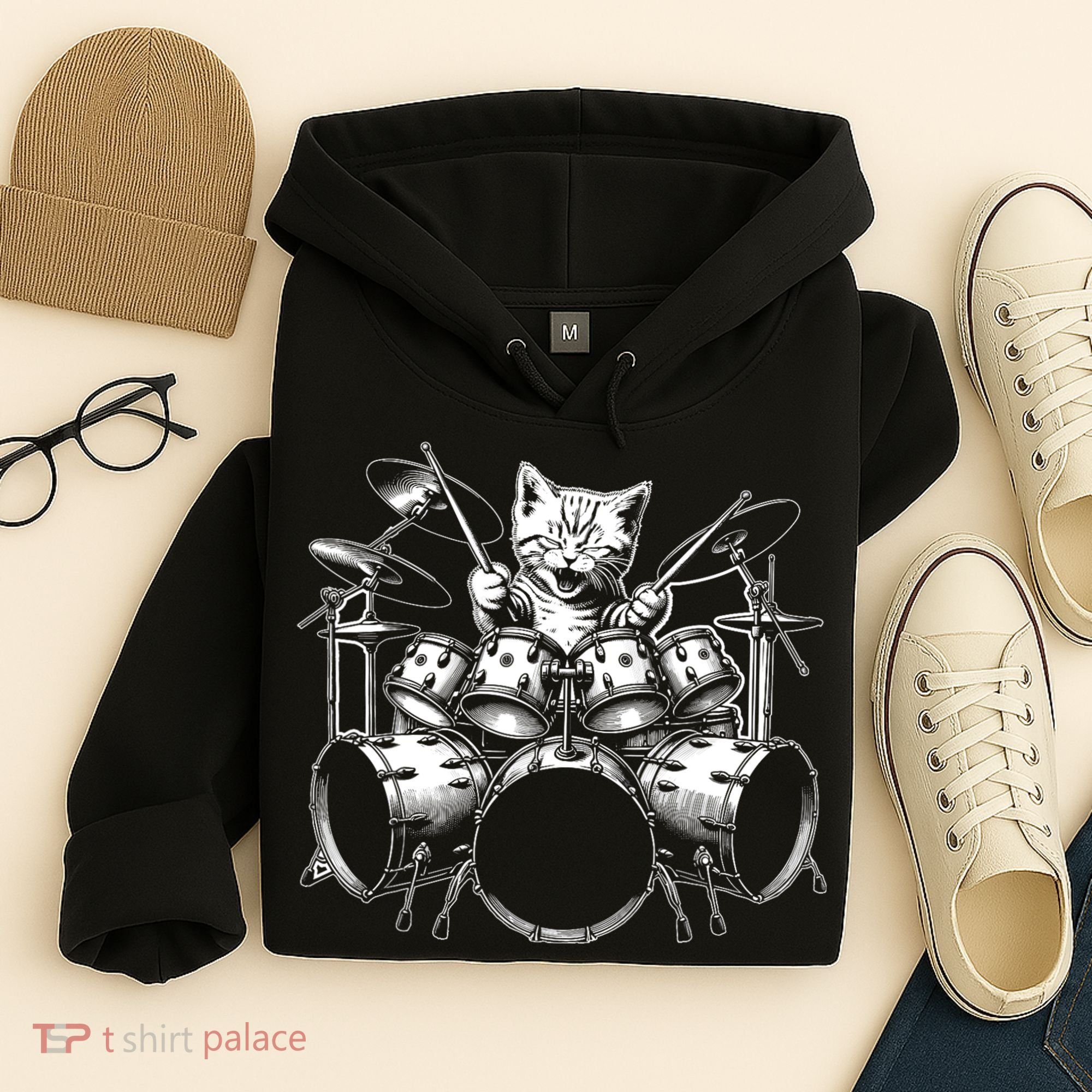 Kitten Rock Band Funny Kitty Drummer Cat Playing Drums Hoodie