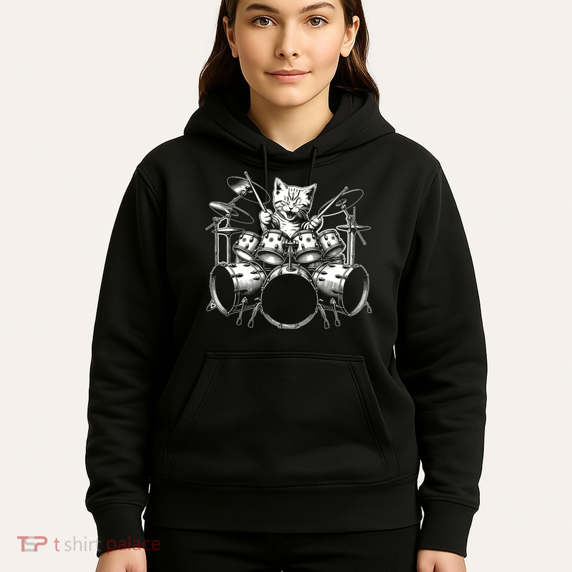 Kitten Rock Band Funny Kitty Drummer Cat Playing Drums Hoodie