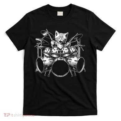 Kitten Rock Band Funny Kitty Drummer Cat Playing Drums T-Shirt
