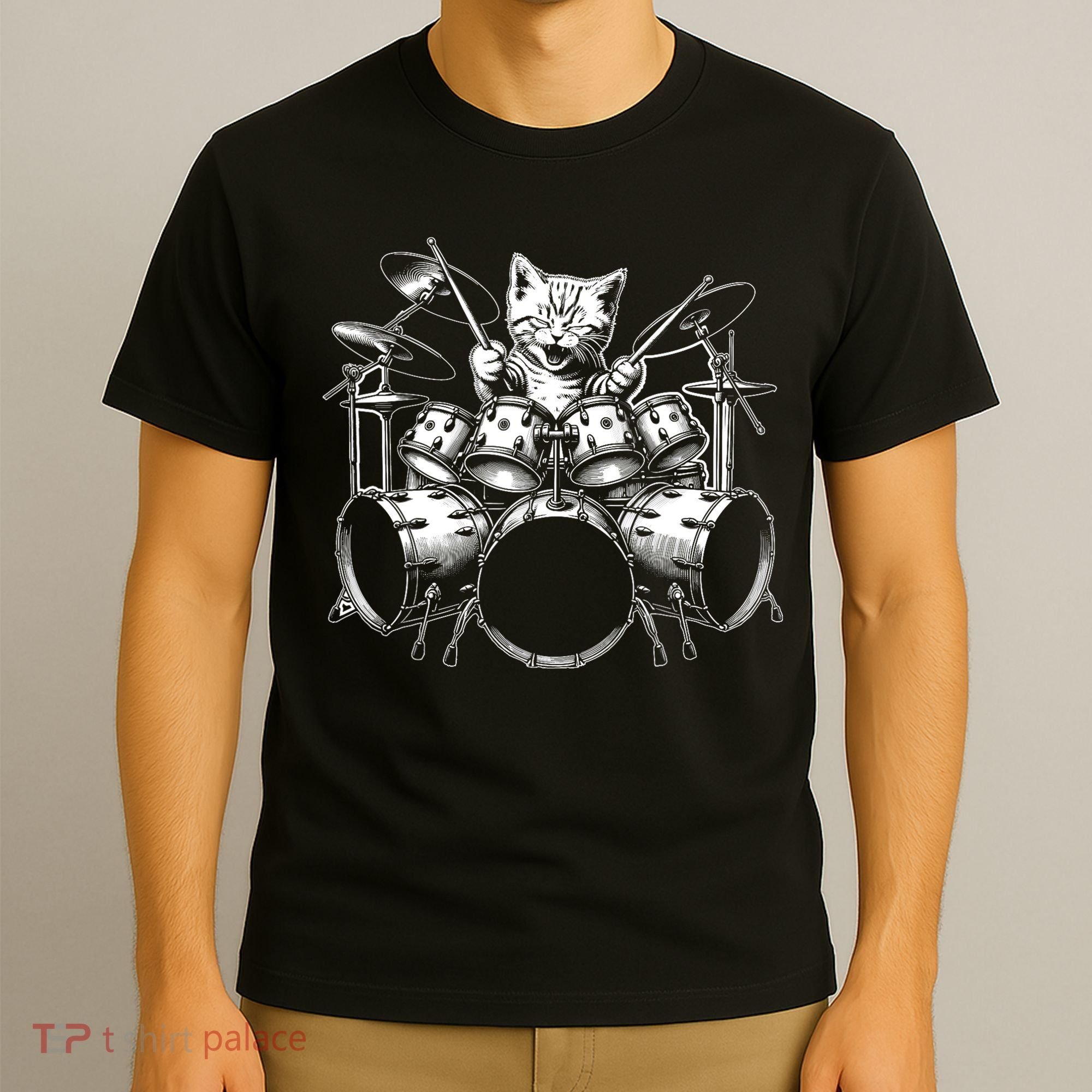 Kitten Rock Band Funny Kitty Drummer Cat Playing Drums T-Shirt