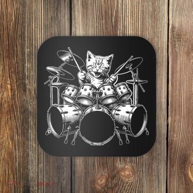 Kitten Rock Band Funny Kitty Drummer Cat Playing Drums Coaster