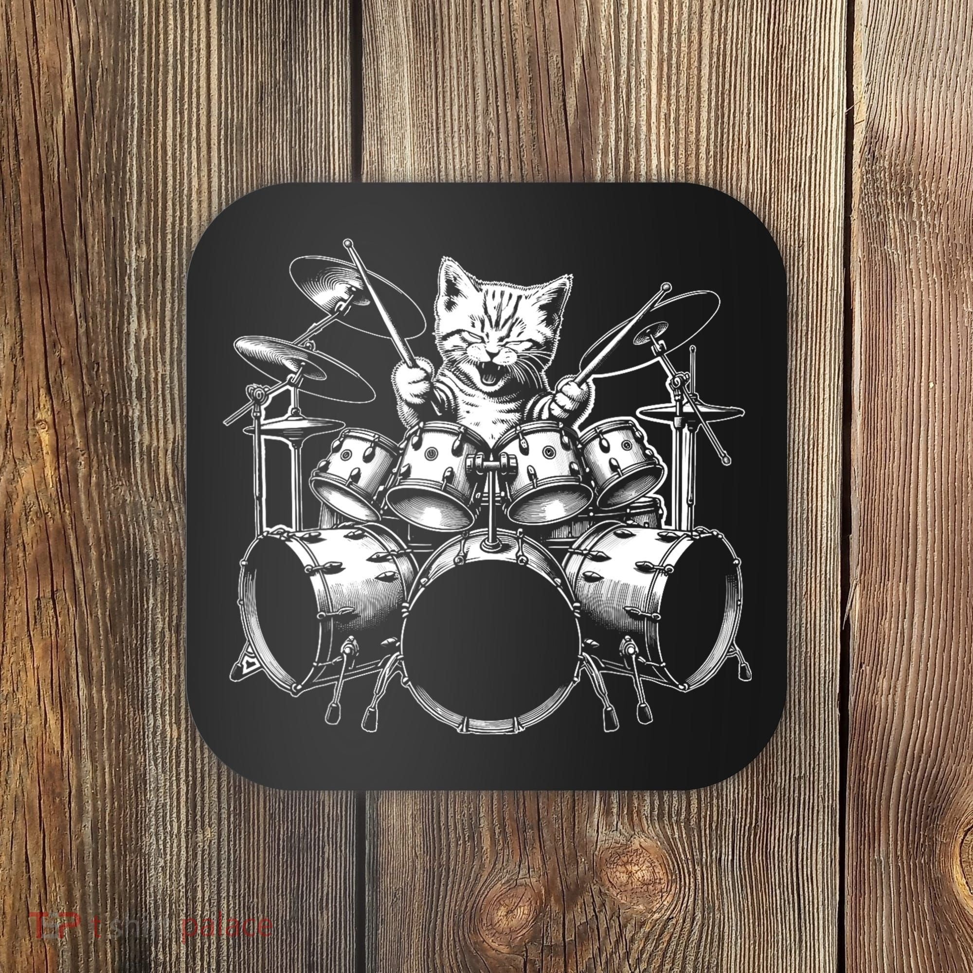 Kitten Rock Band Funny Kitty Drummer Cat Playing Drums Coaster