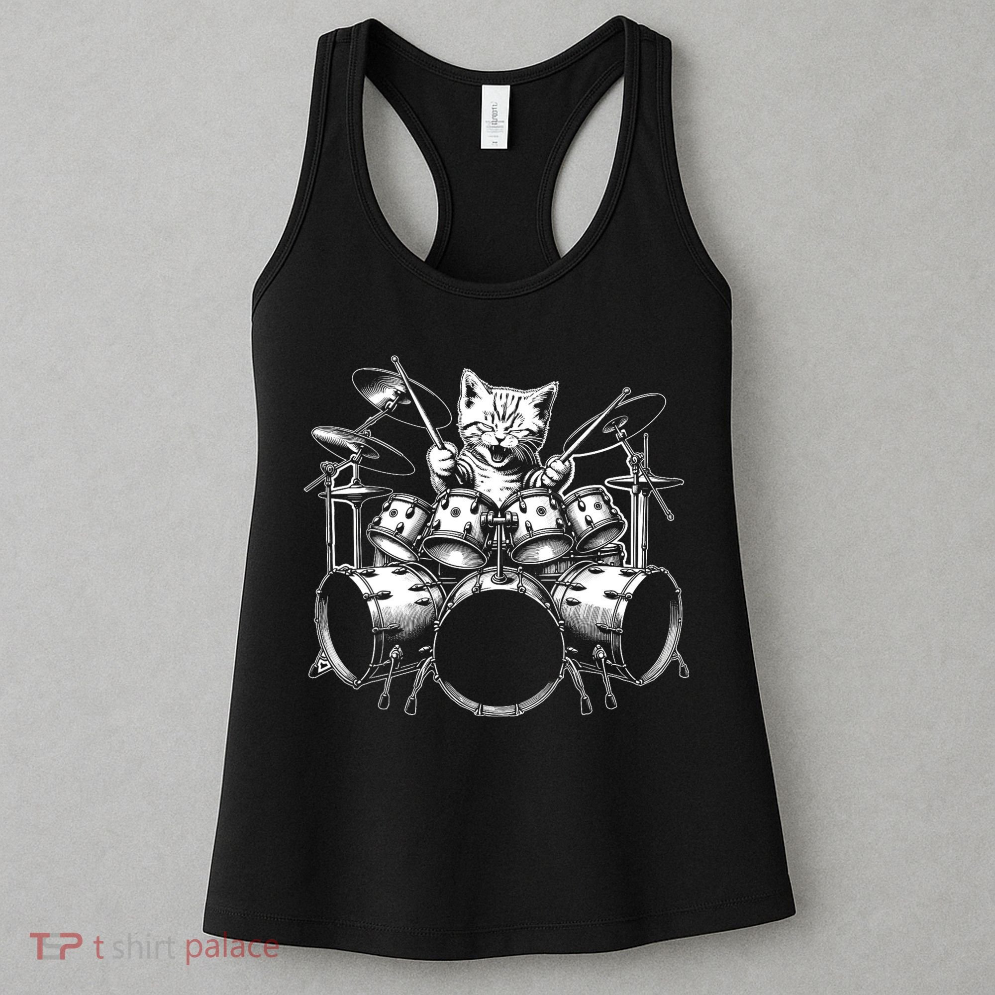 Kitten Rock Band Funny Kitty Drummer Cat Playing Drums Women's Tank Top