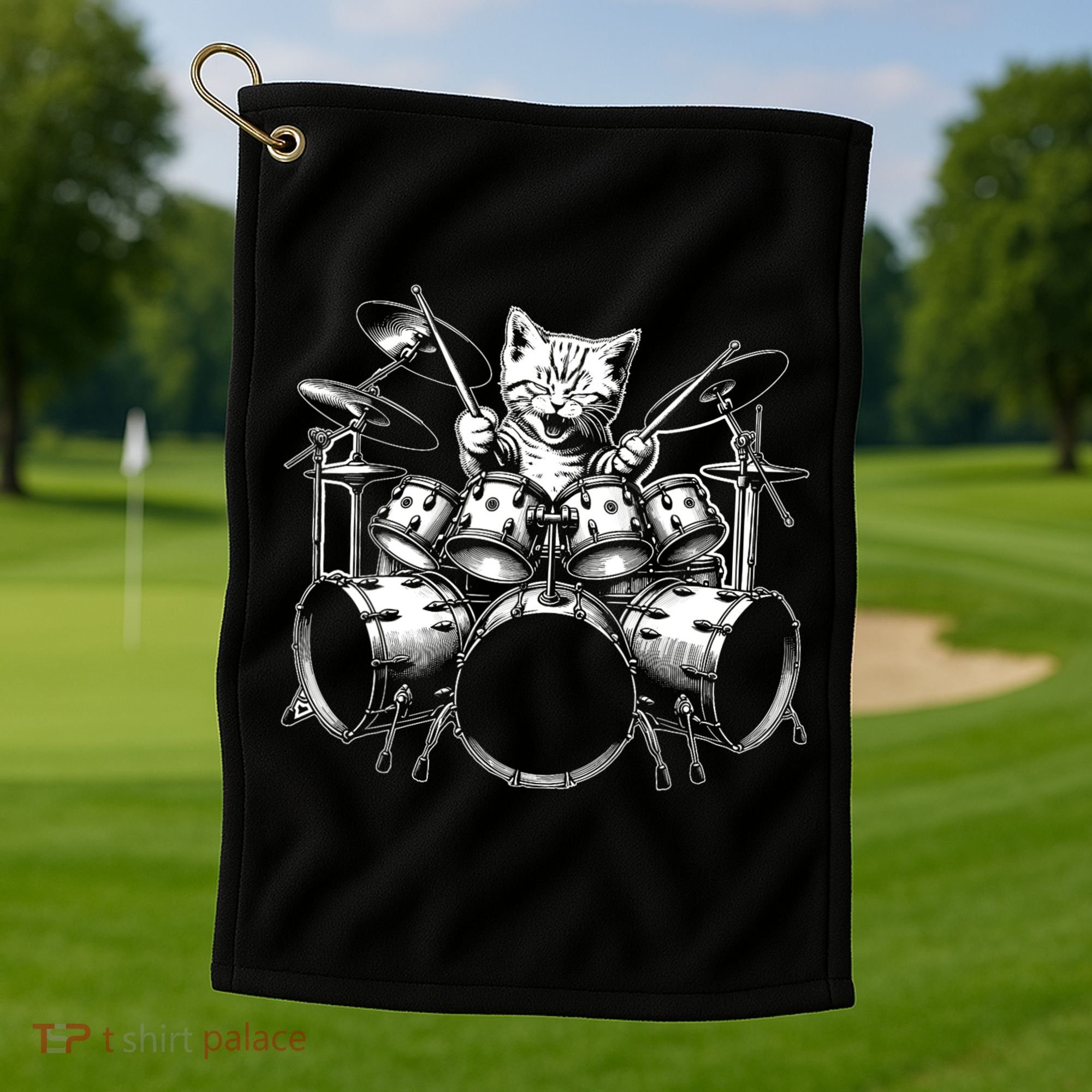 Kitten Rock Band Funny Kitty Drummer Cat Playing Drums Golf Towel