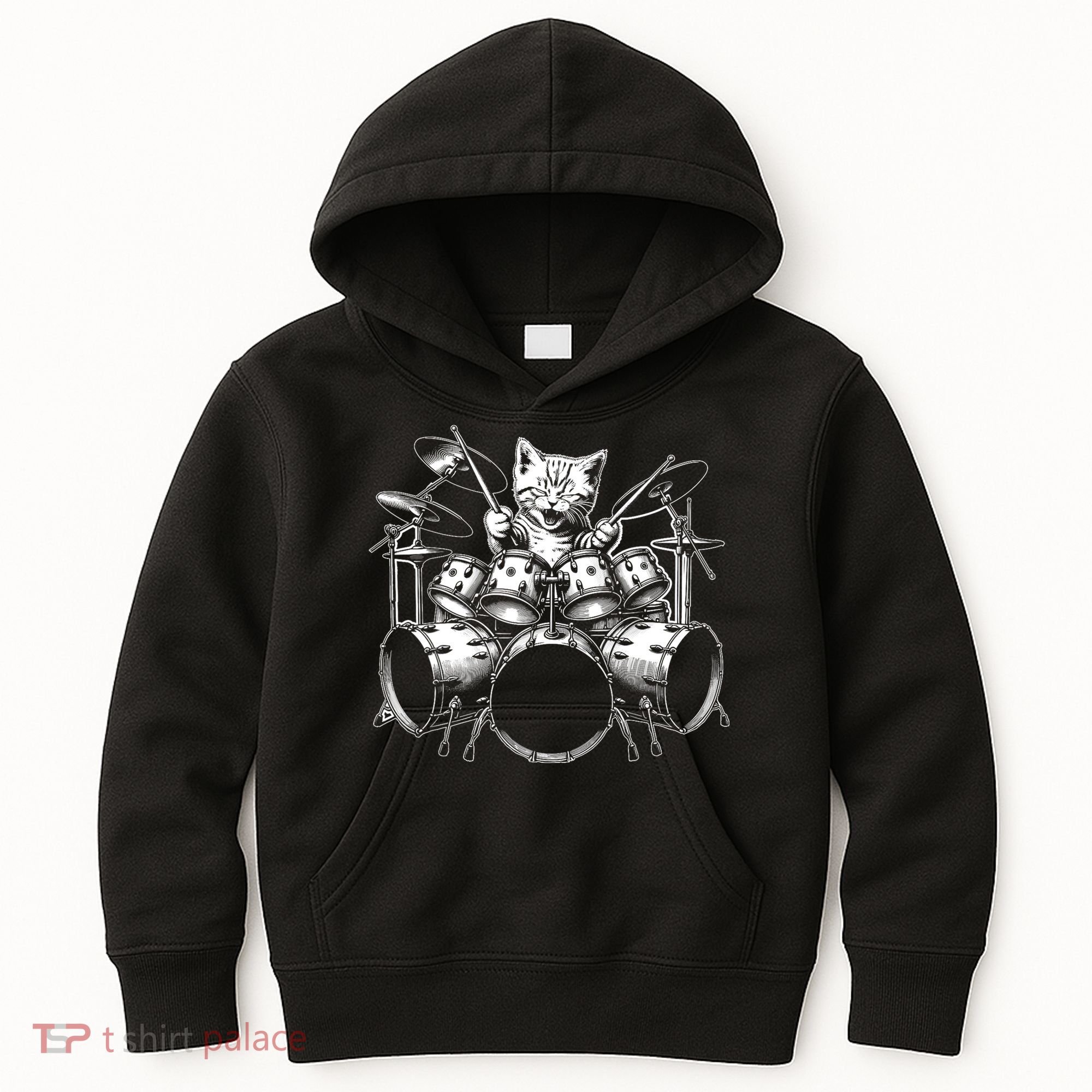 Kitten Rock Band Funny Kitty Drummer Cat Playing Drums Kids Hoodie