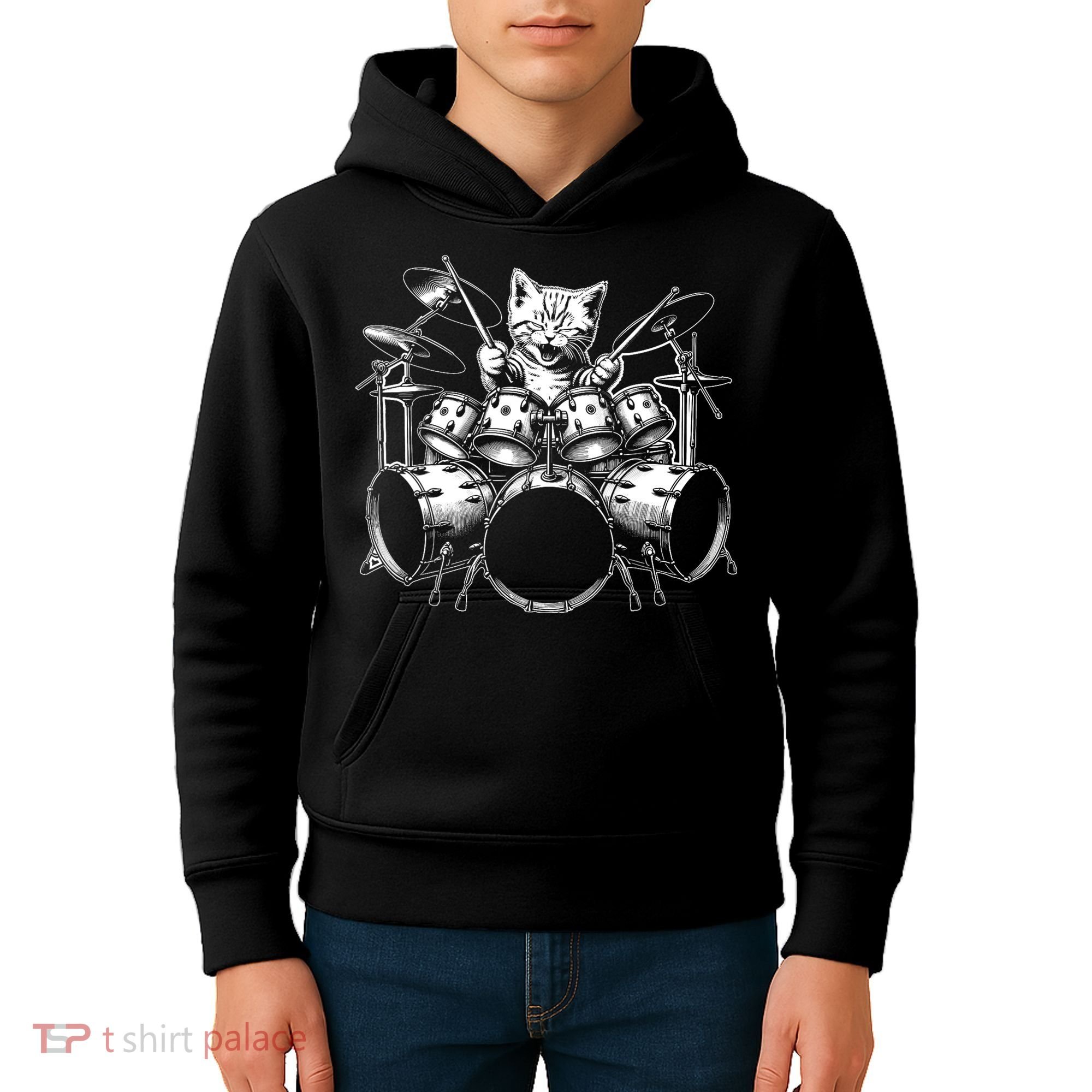 Kitten Rock Band Funny Kitty Drummer Cat Playing Drums Kids Hoodie