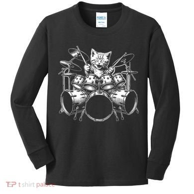 Kitten Rock Band Funny Kitty Drummer Cat Playing Drums Kids Long Sleeve Shirt