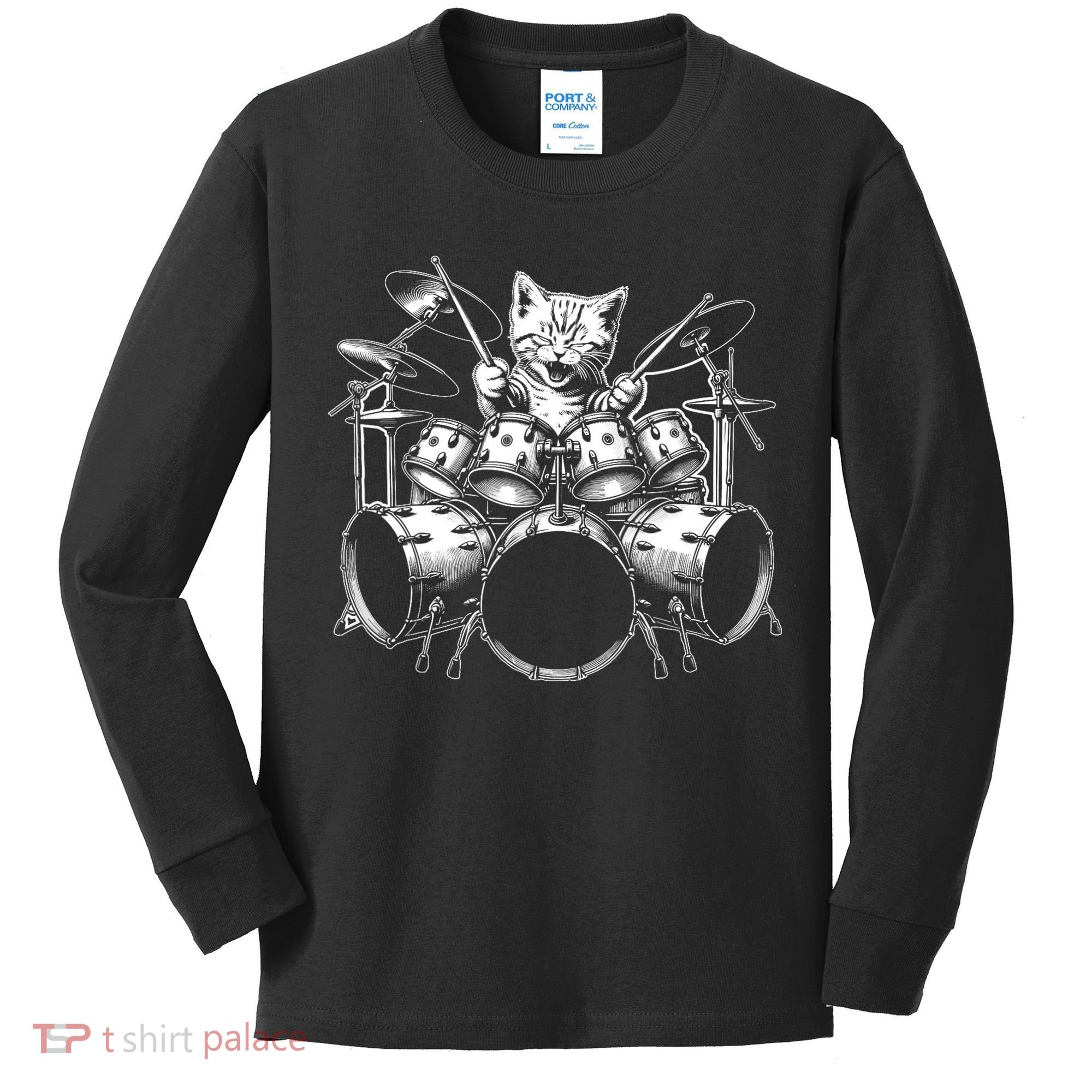 Kitten Rock Band Funny Kitty Drummer Cat Playing Drums Kids Long Sleeve Shirt