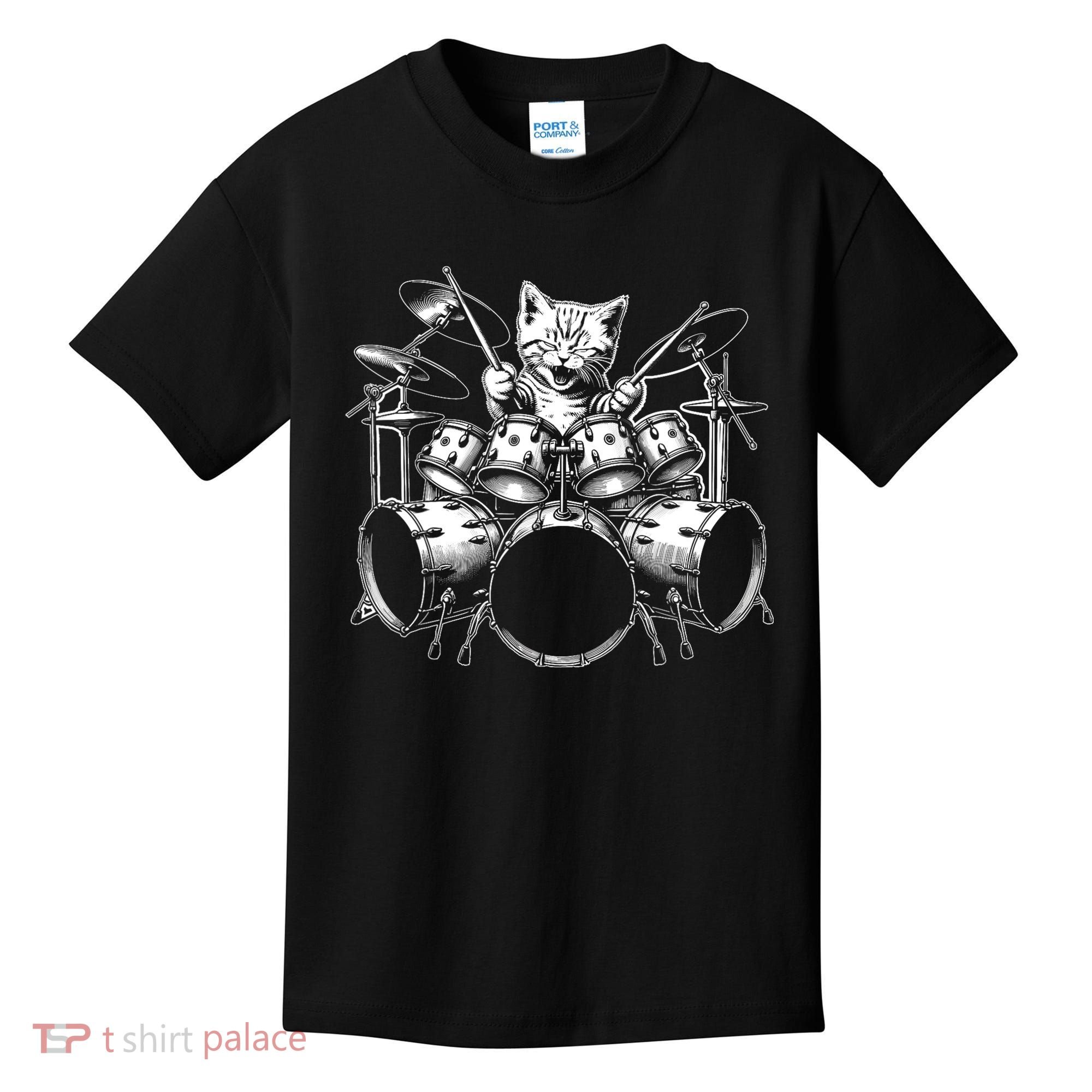 Kitten Rock Band Funny Kitty Drummer Cat Playing Drums Kids T-Shirt