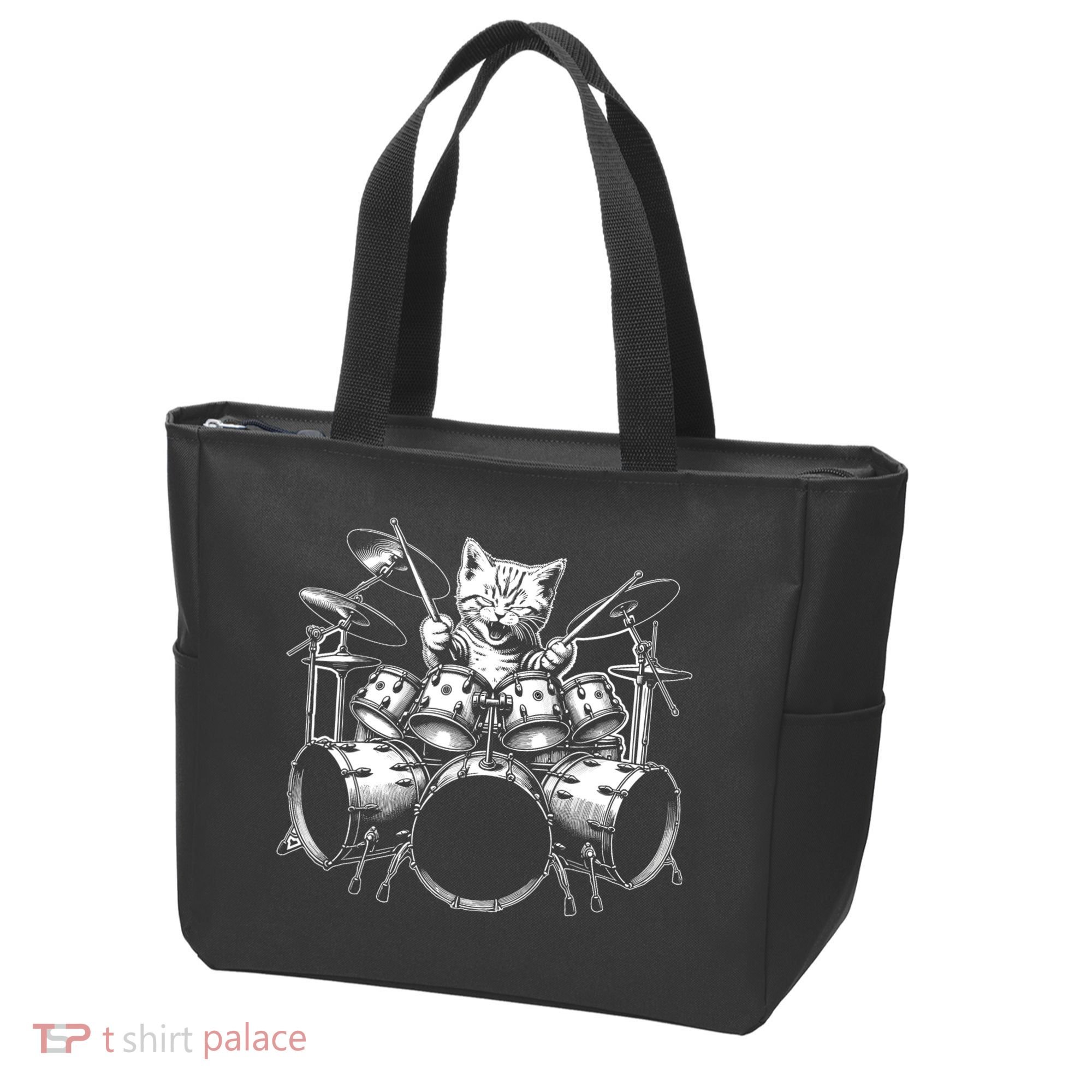 Kitten Rock Band Funny Kitty Drummer Cat Playing Drums Tote Bag