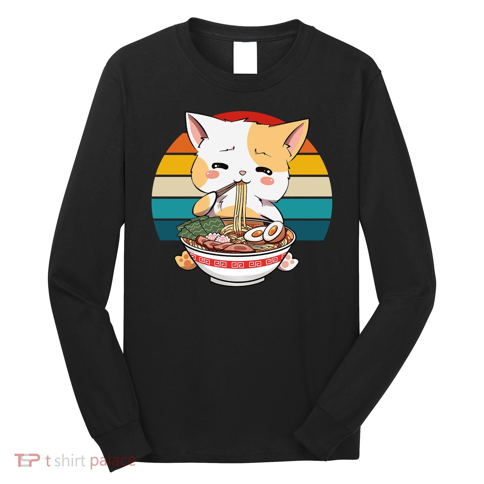 Kawaii Ramen Cat Retro Sunset Long Sleeve Shirt