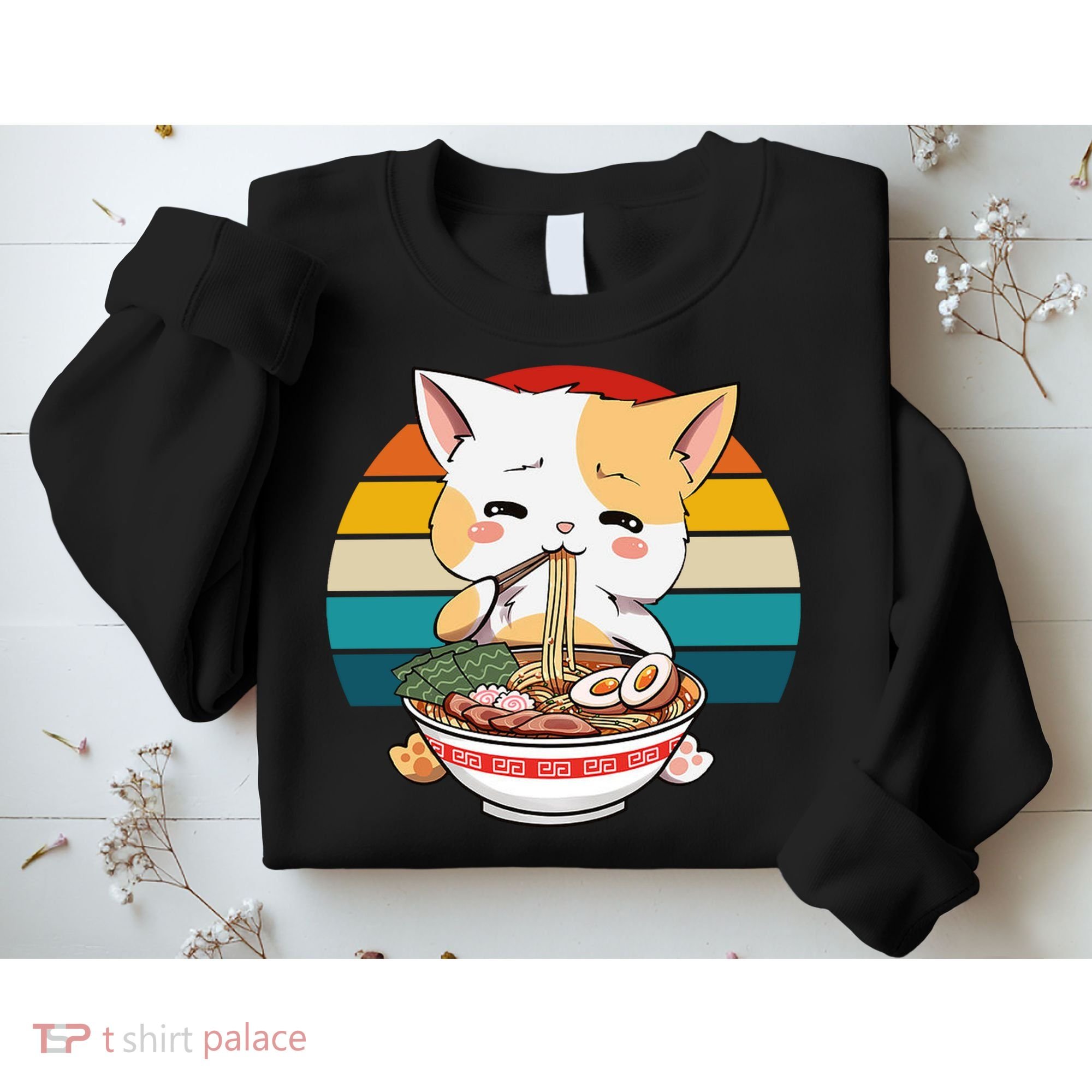 Kawaii Ramen Cat Retro Sunset Sweatshirt