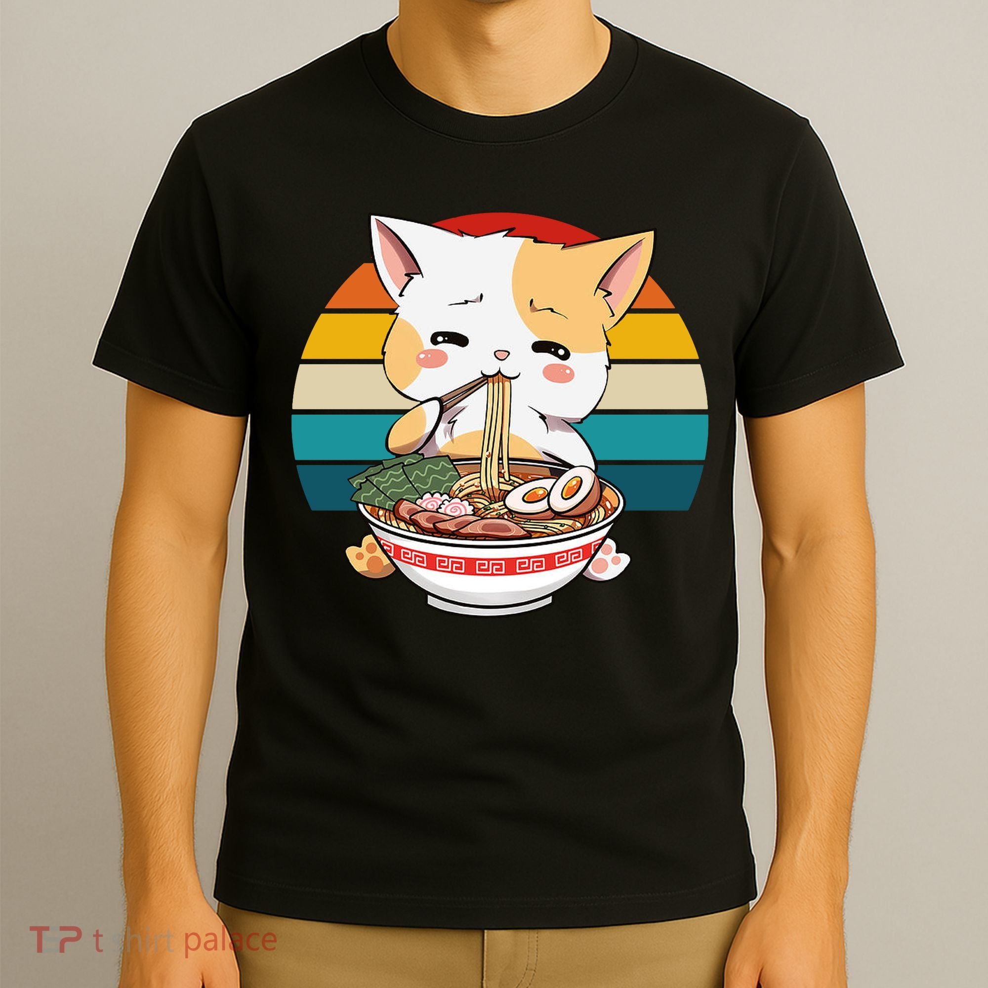 Kawaii Ramen Cat Retro Sunset T-Shirt
